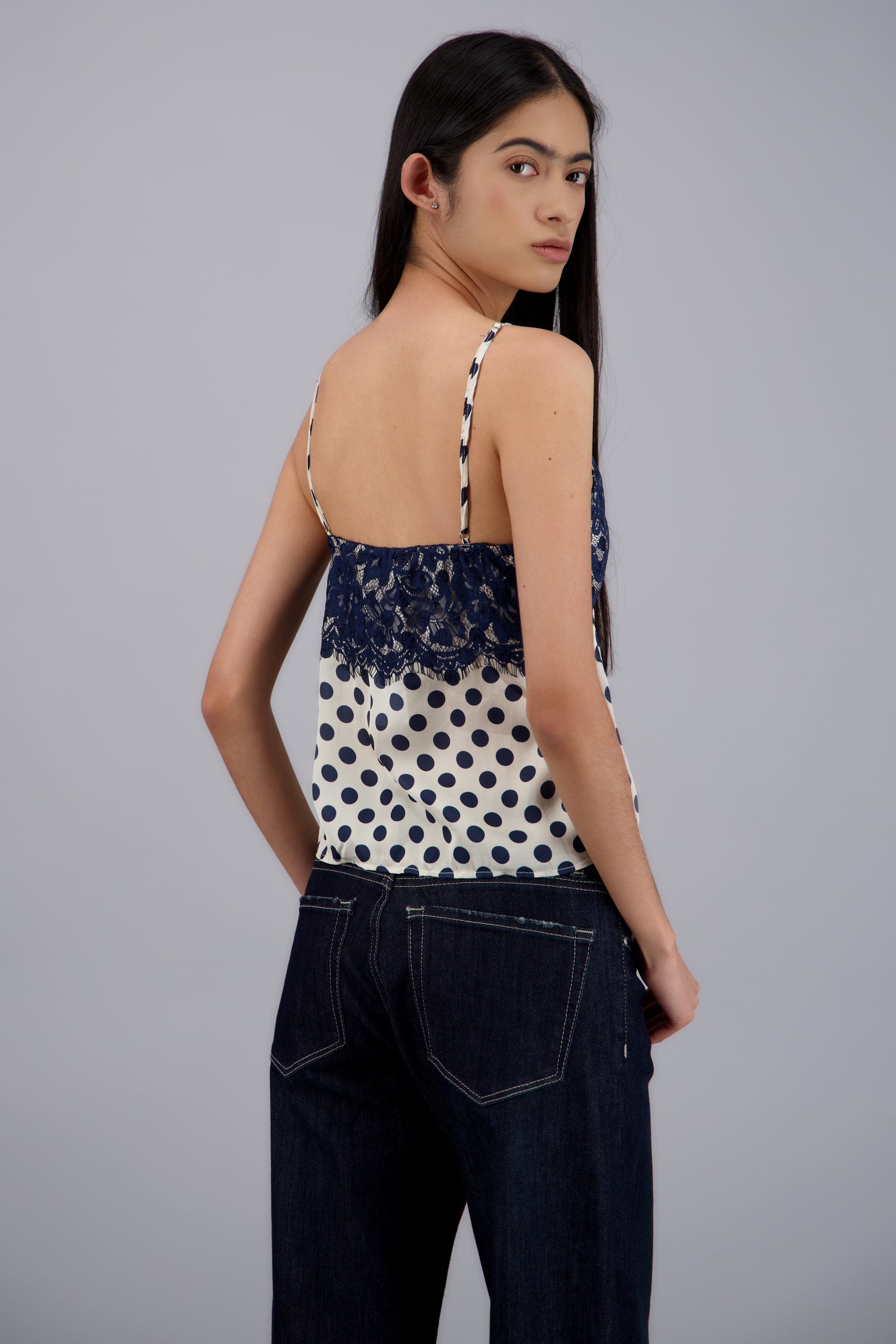 Blusa tirantes satin polka detalle encaje BLANCO COMBO