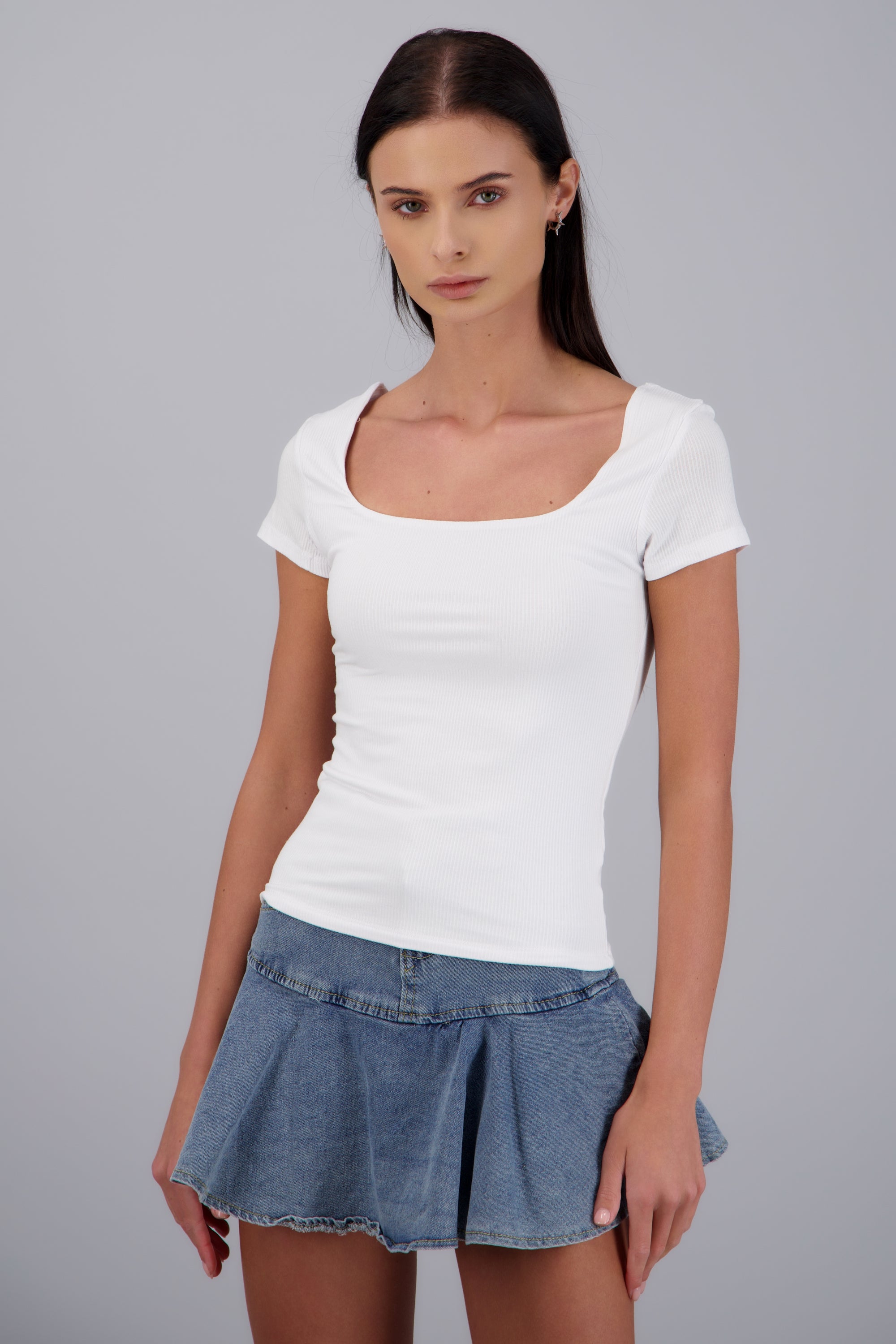 Top escote cuadrado manga corta rib BLANCO