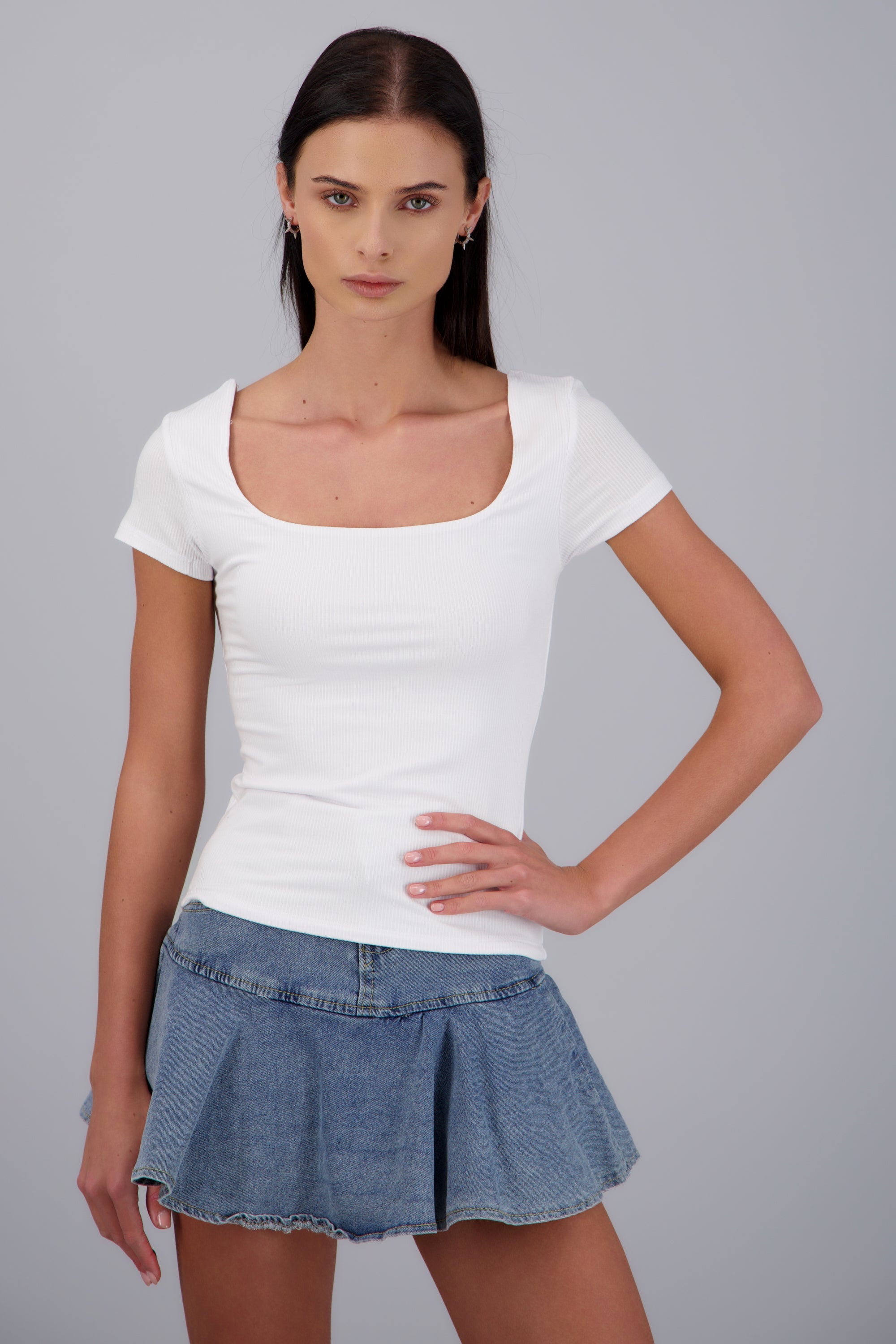 Top escote cuadrado manga corta rib BLANCO