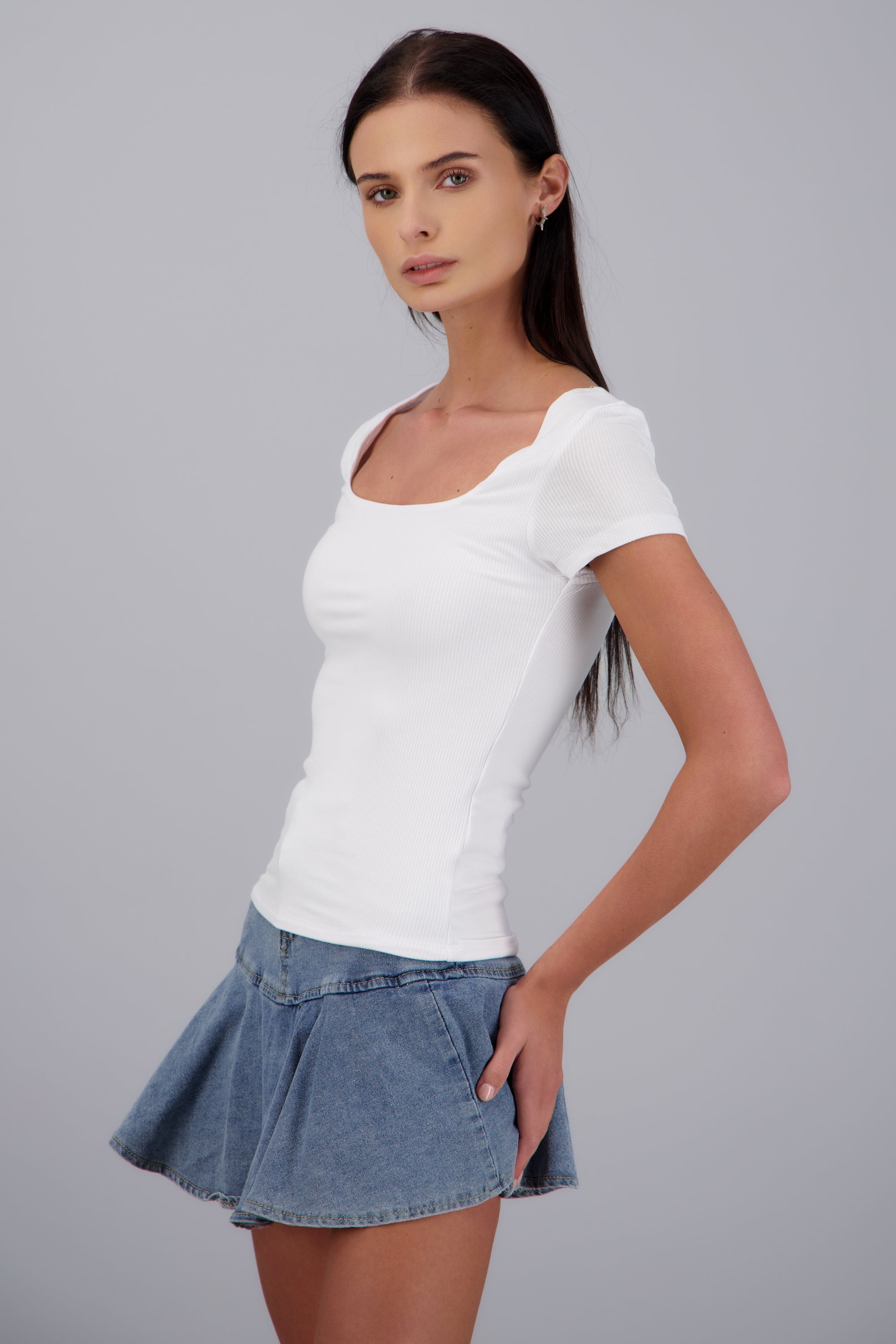Top escote cuadrado manga corta rib BLANCO