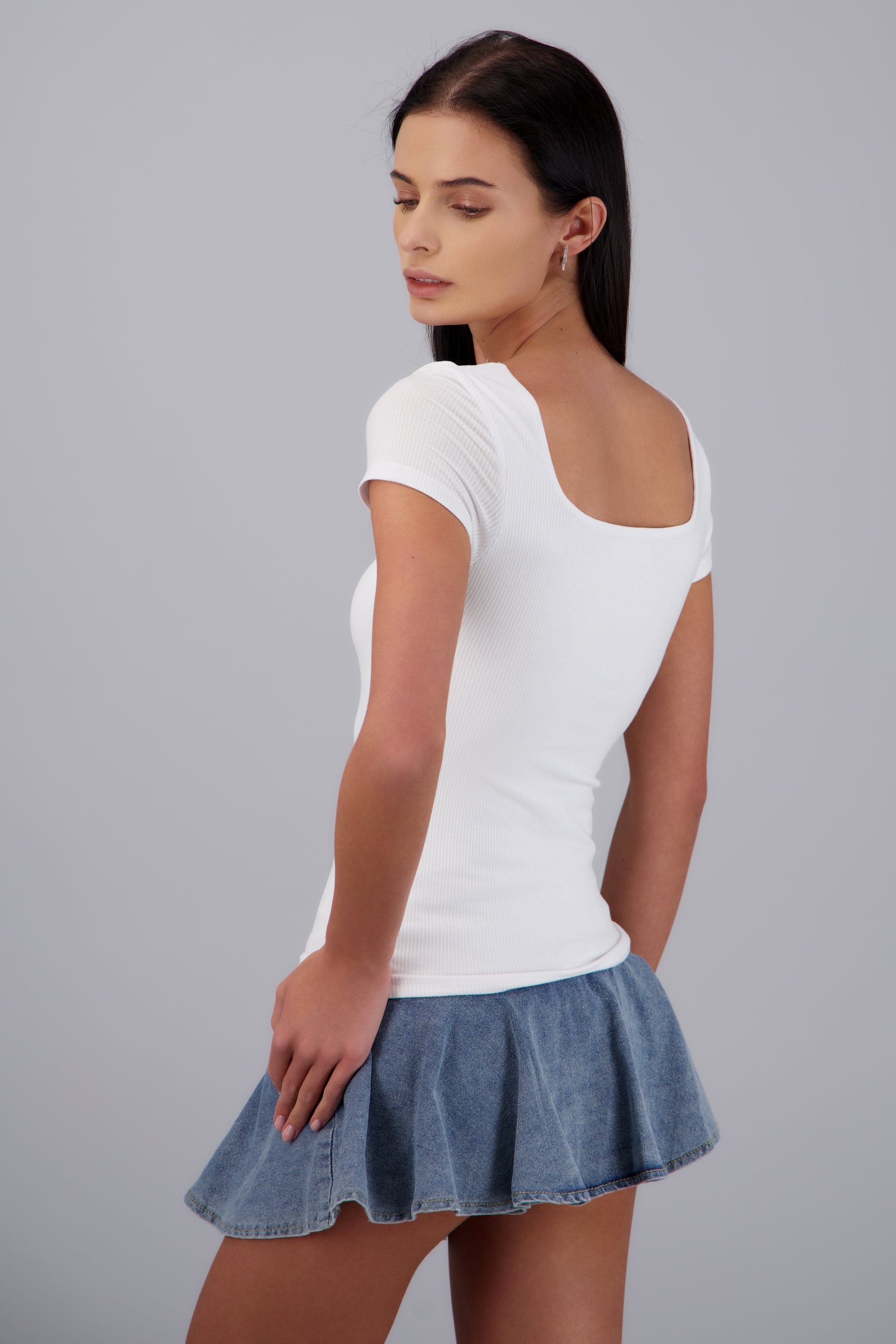 Top escote cuadrado manga corta rib BLANCO