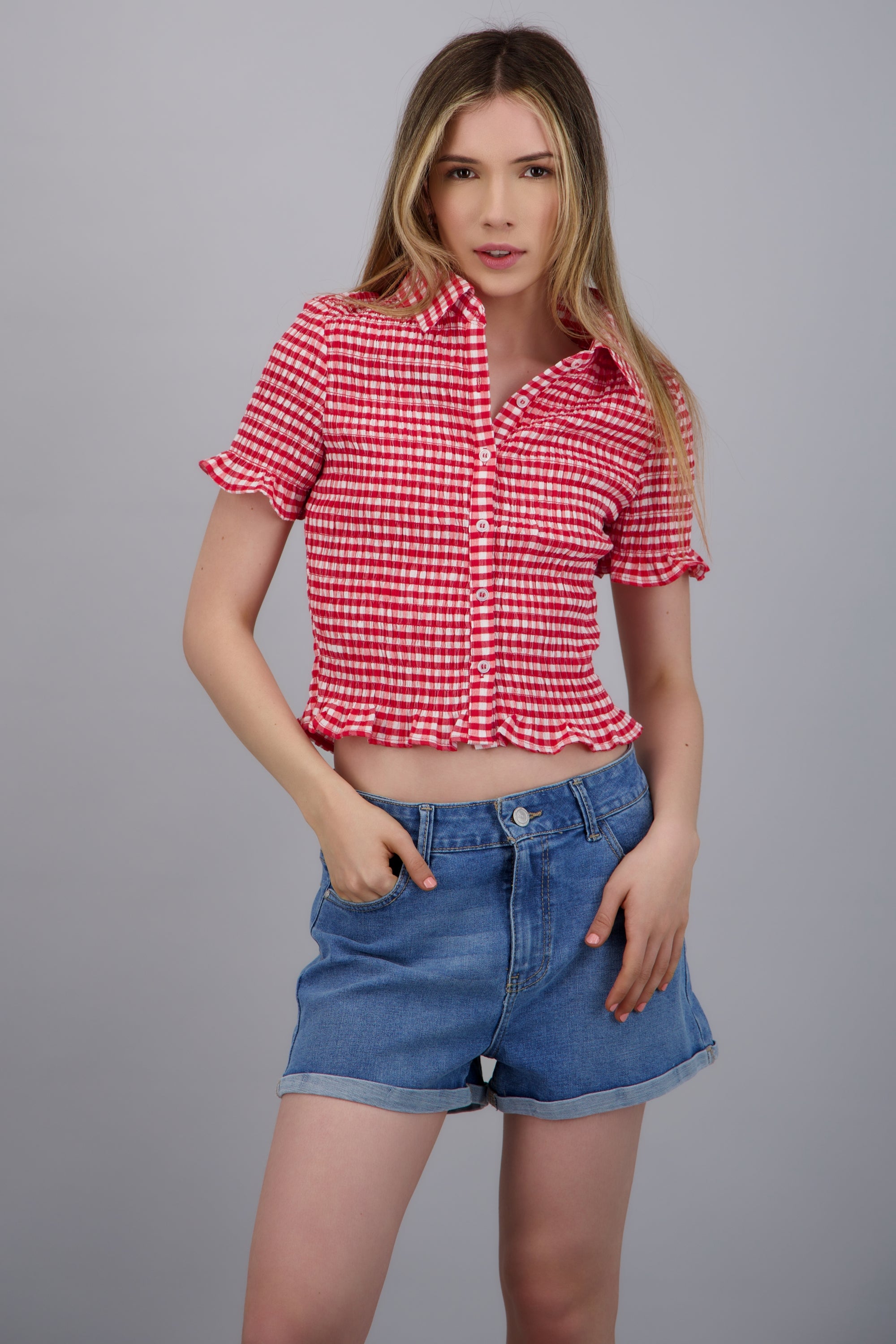 Blusa con manga corta ginham ROJO COMBO