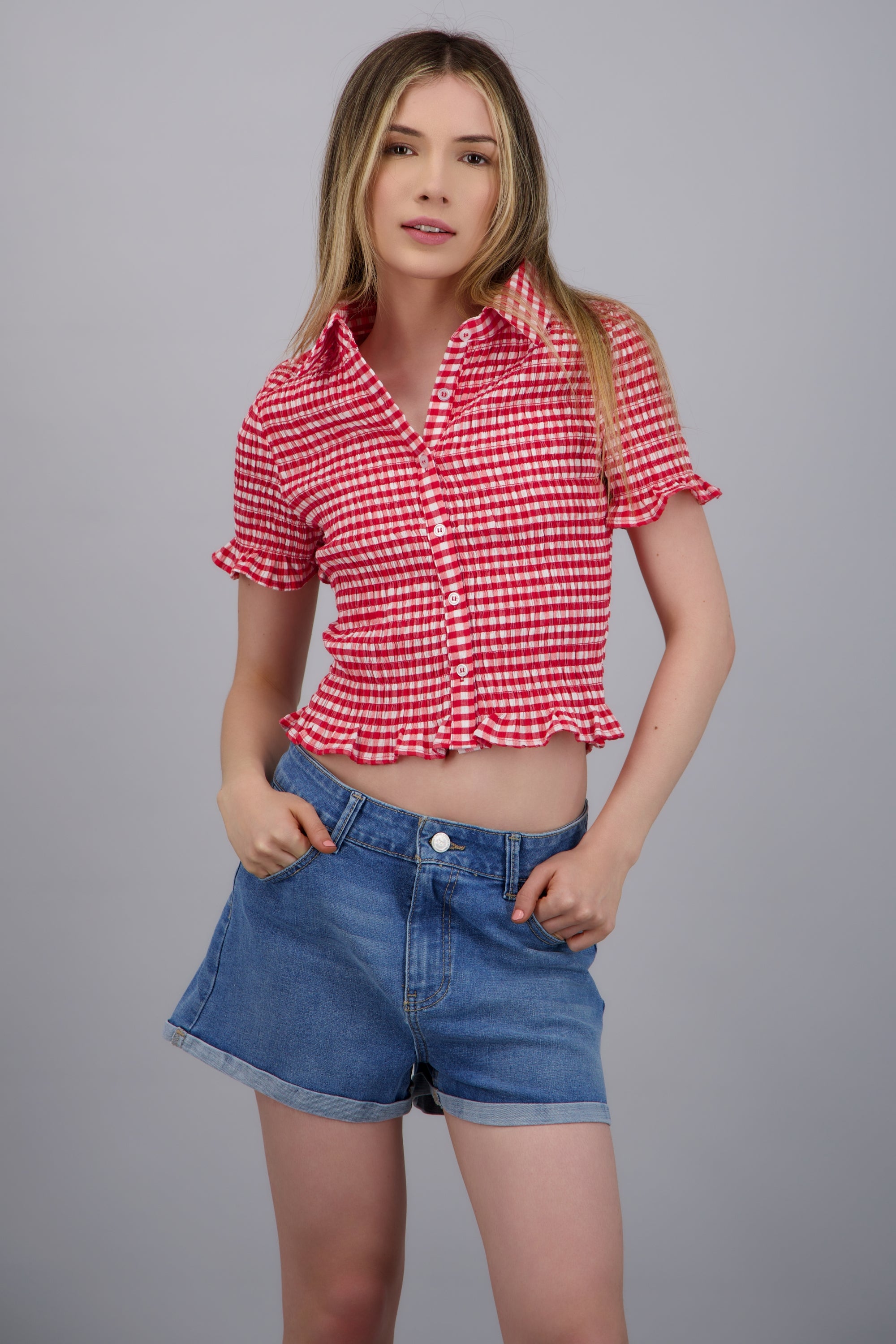 Blusa con manga corta ginham ROJO COMBO