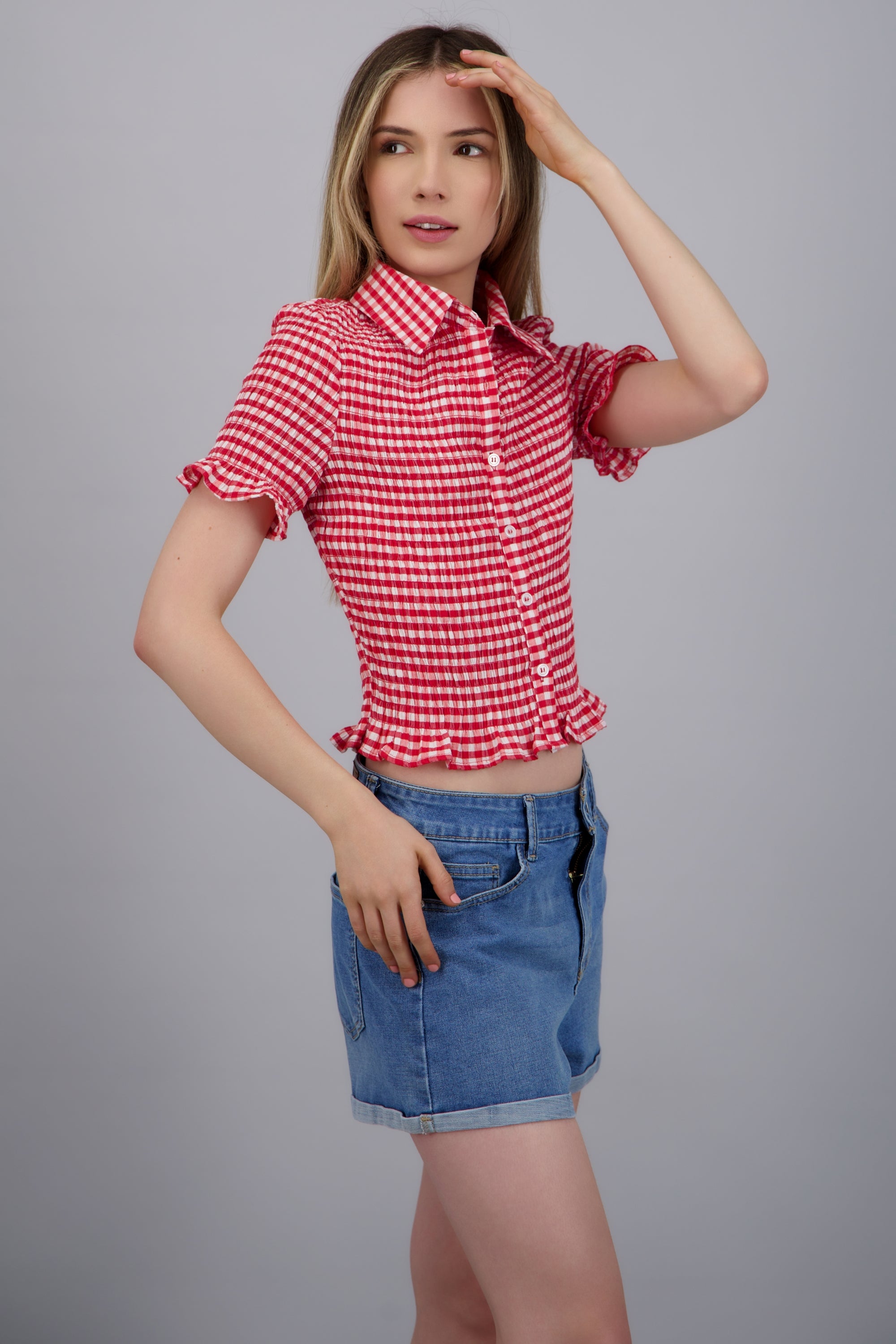 Blusa con manga corta ginham ROJO COMBO