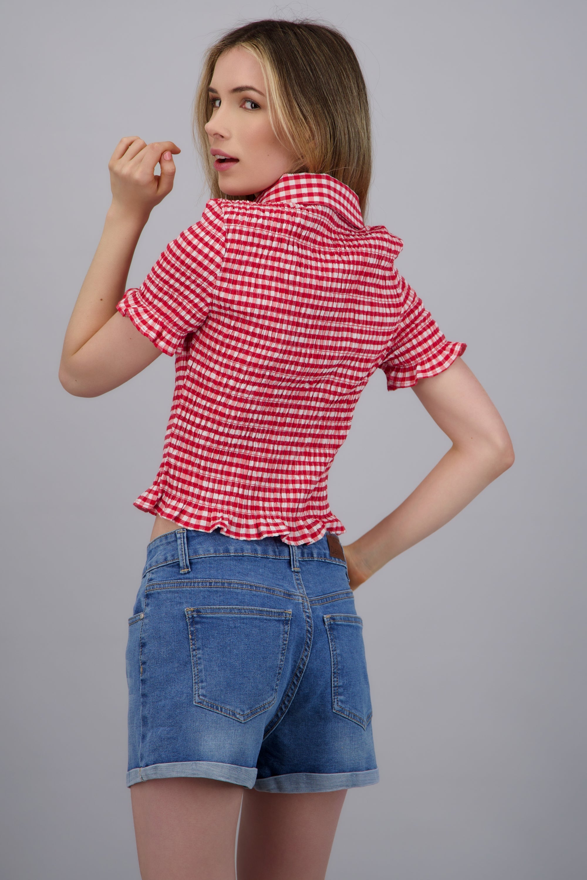 Blusa con manga corta ginham ROJO COMBO