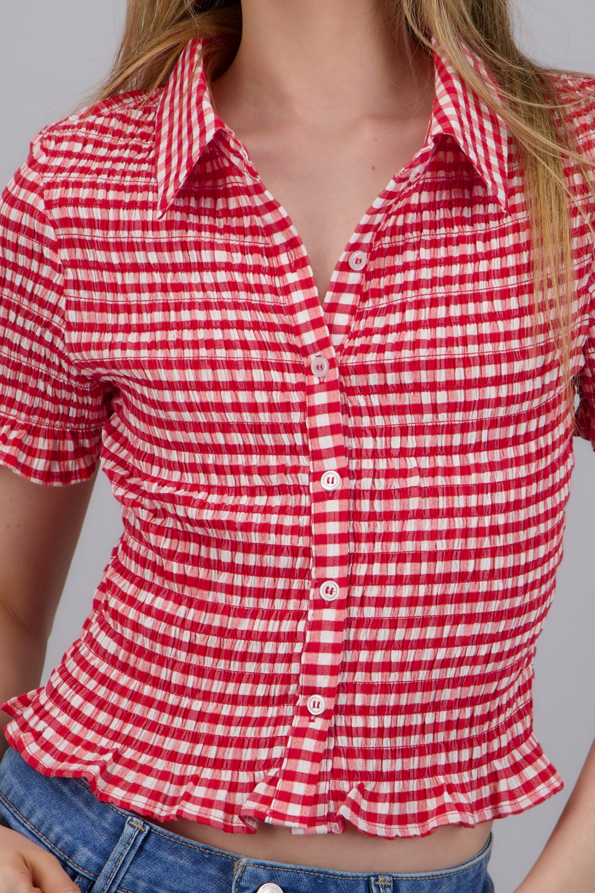 Blusa con manga corta ginham ROJO COMBO