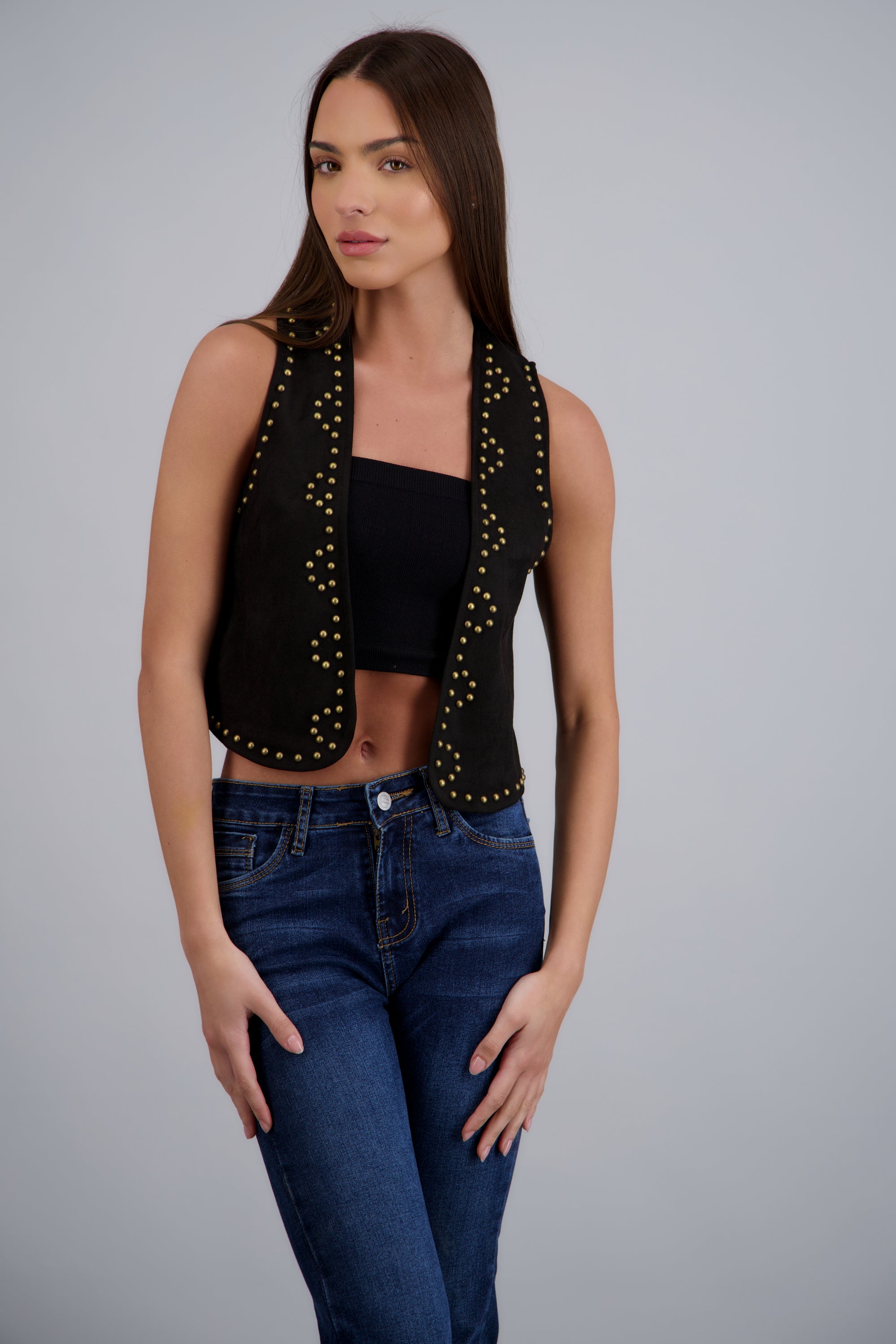 Chaleco suede con estoperoles NEGRO