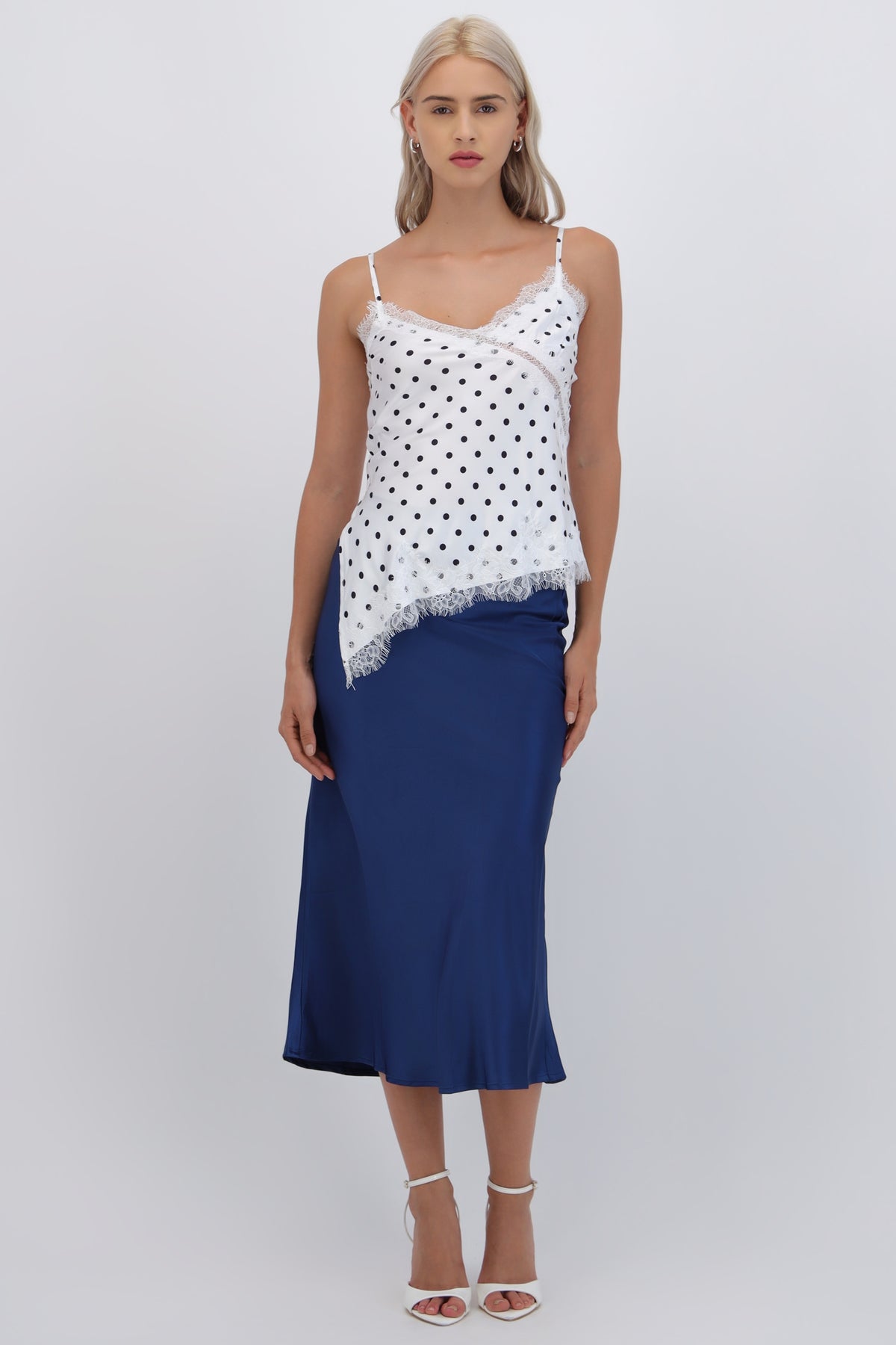 Falda satinada midi lisa AZUL PATO