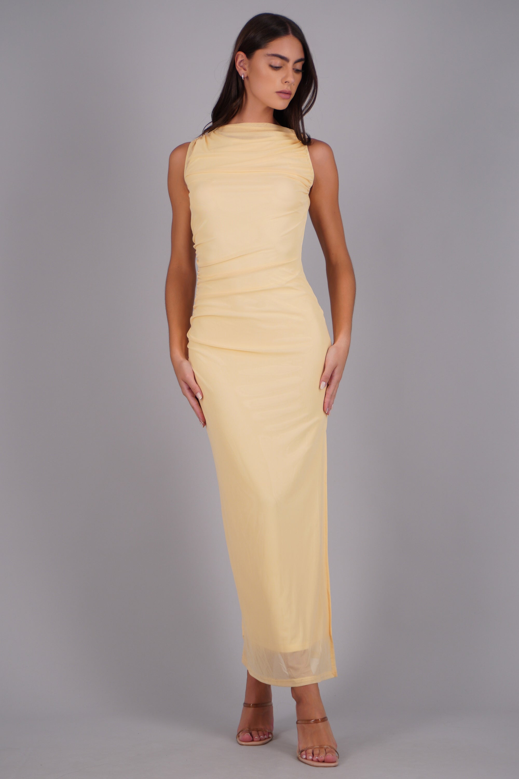 Vestido drapeado mesh AMARILLO PASTEL