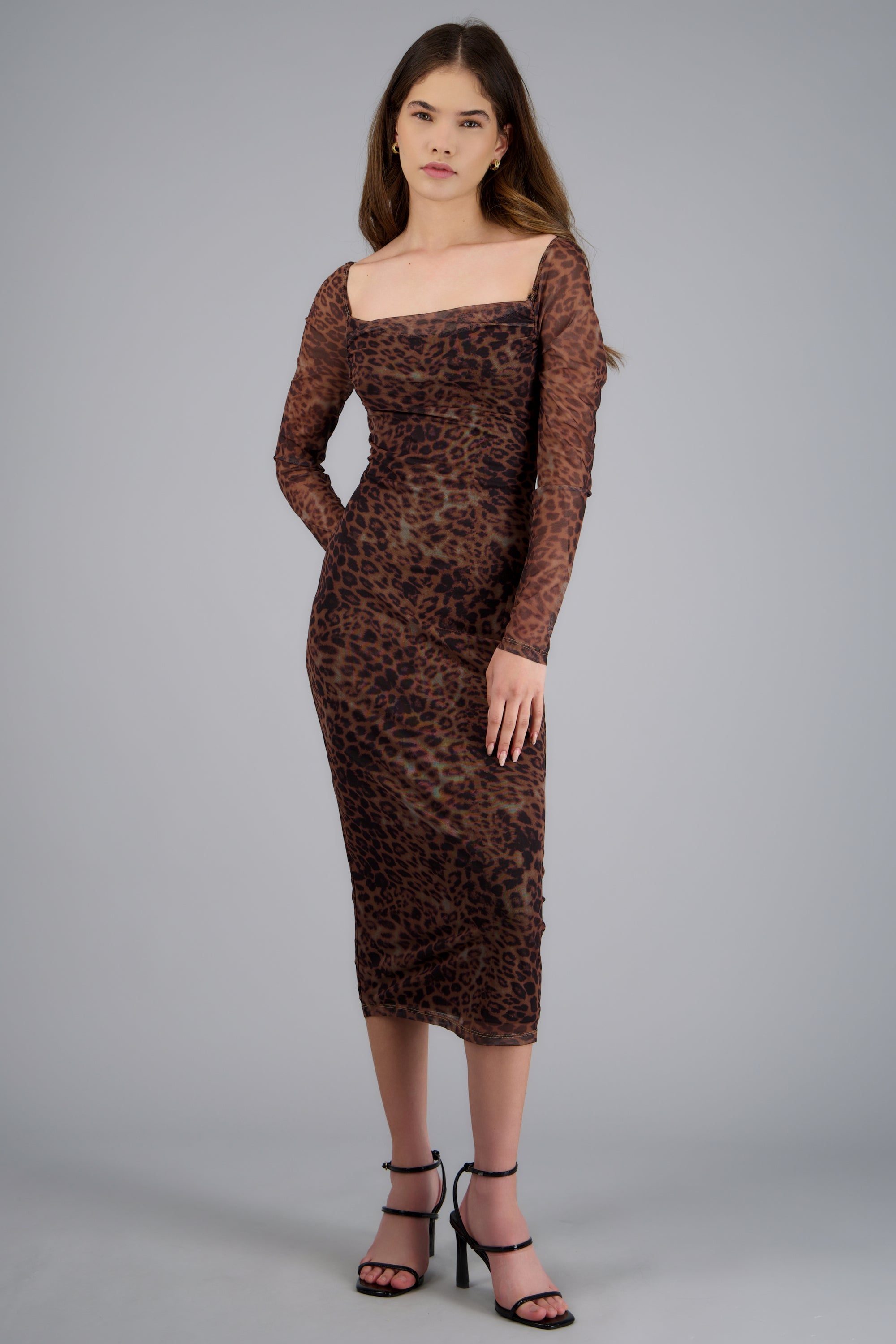 Vestido maxi mesh animal print CAFE COMBO