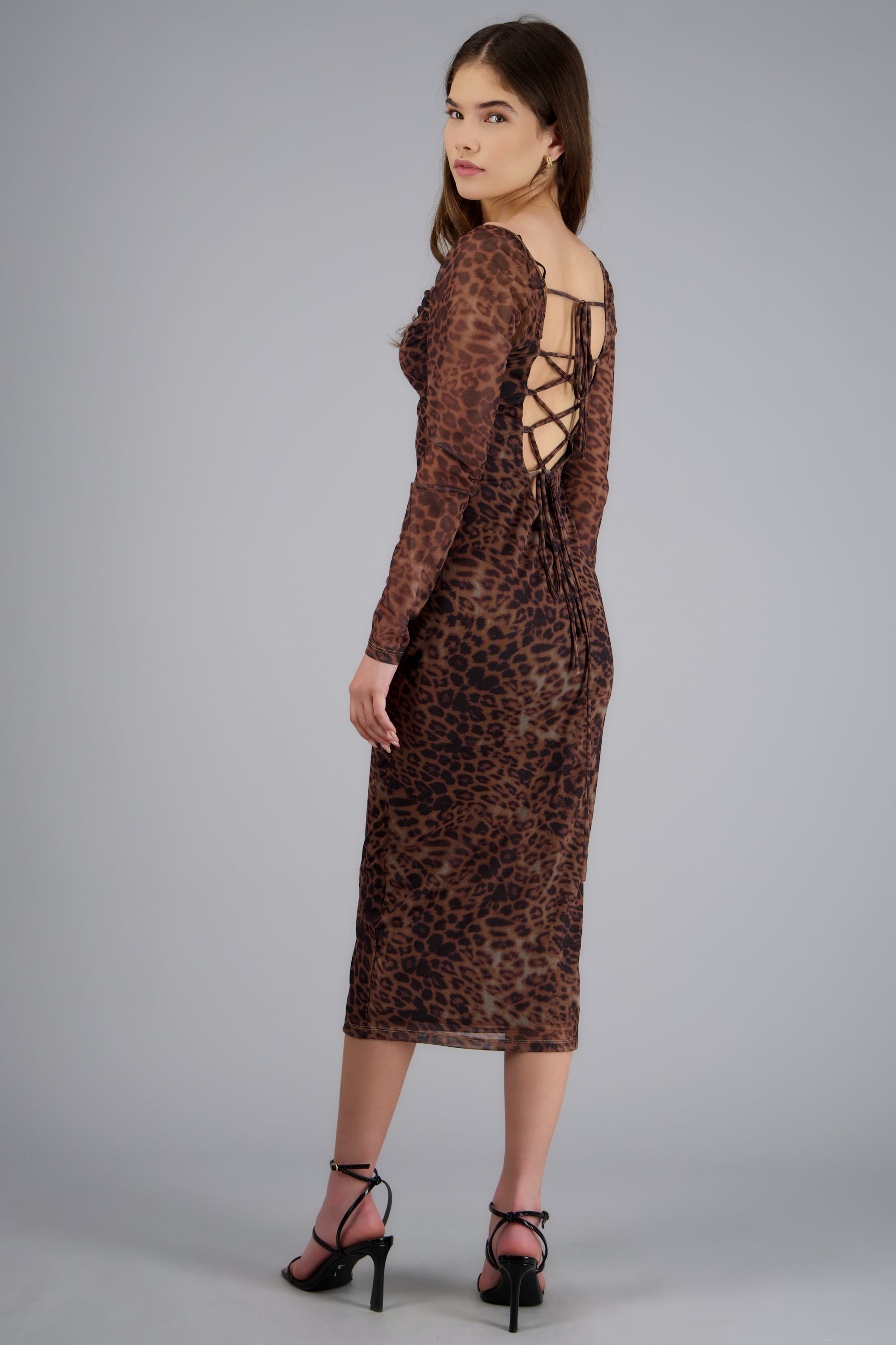 Vestido maxi mesh animal print CAFE COMBO