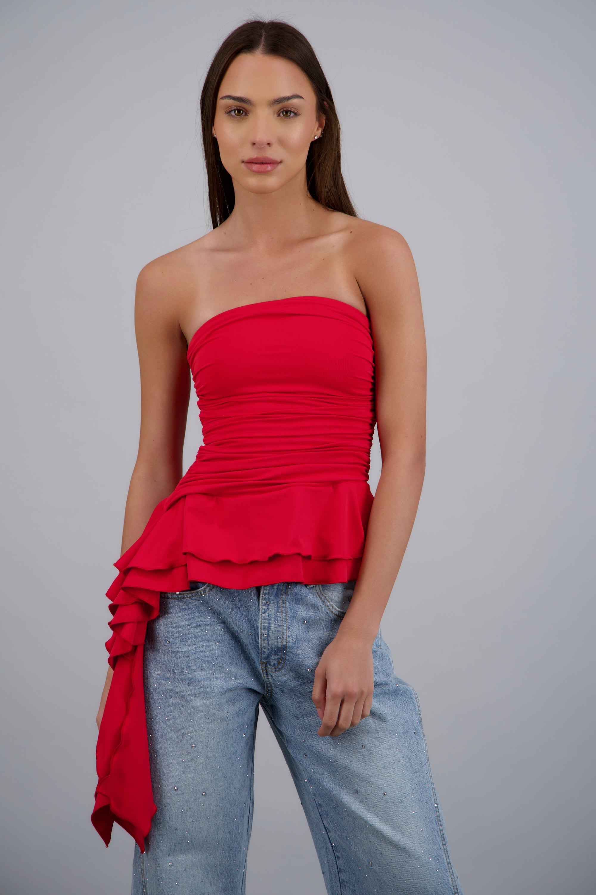 Top strapless detalle olanes ROJO