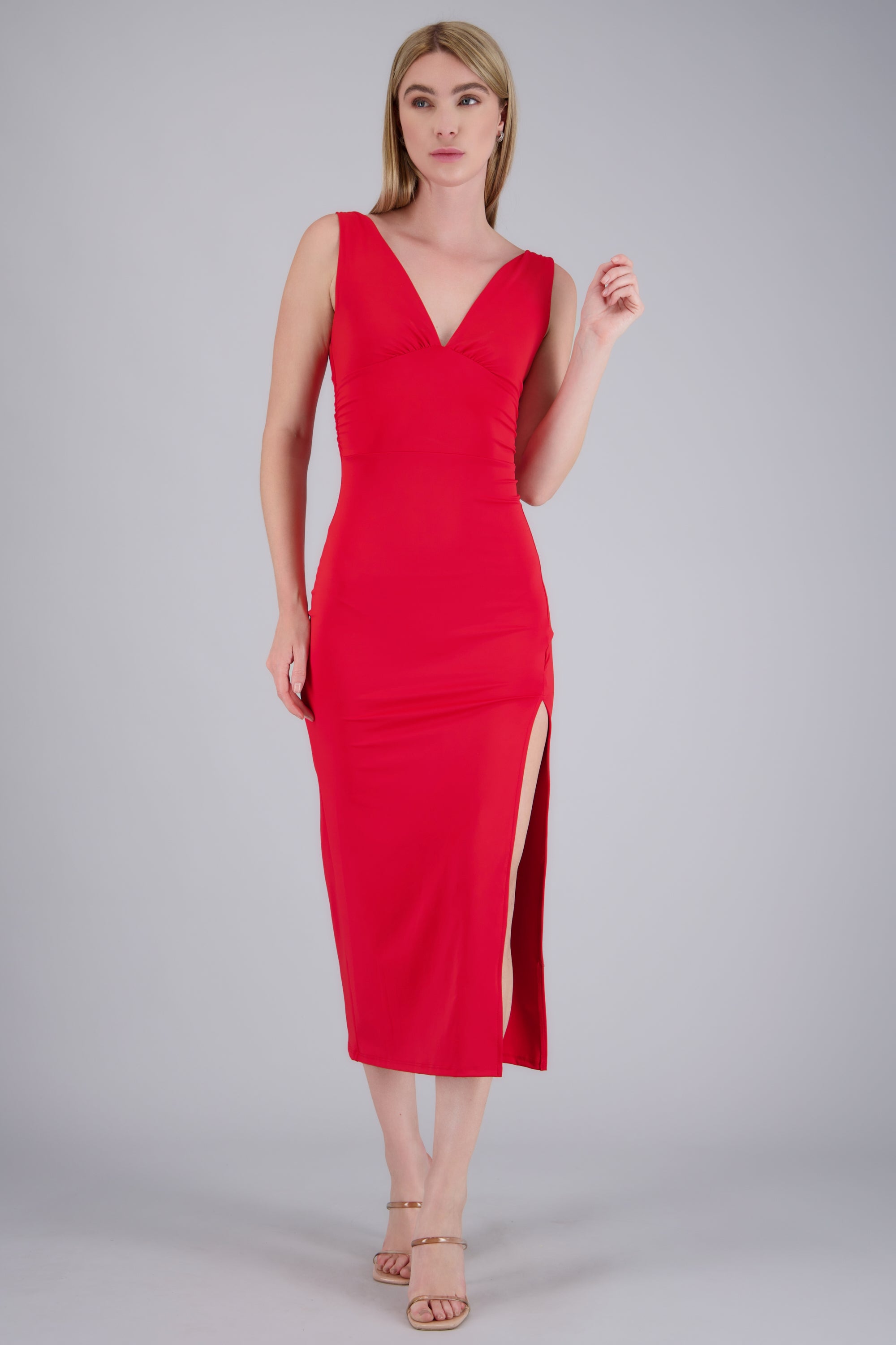 Vestido maxi plisado escote en v ROJO
