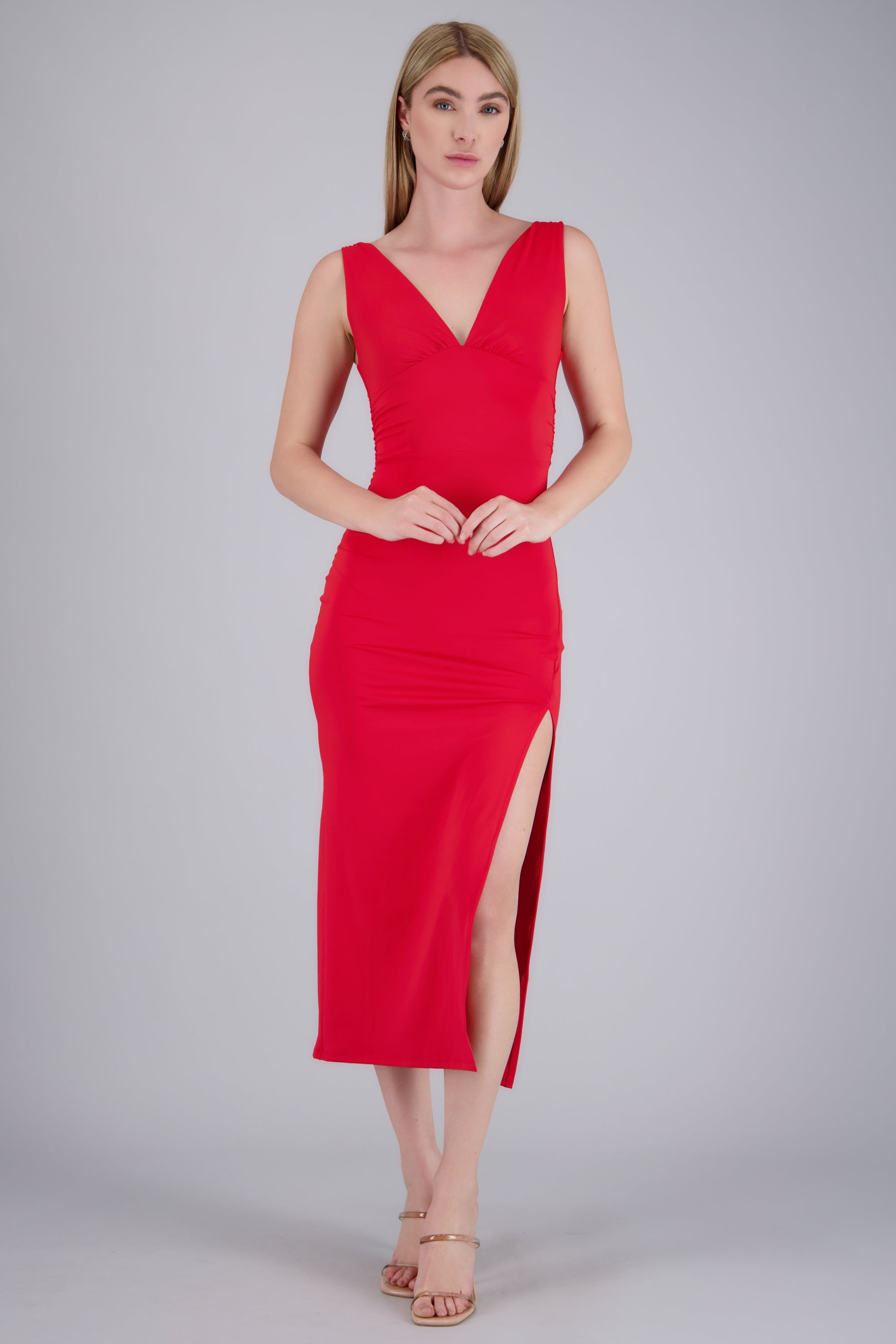 Vestido maxi plisado escote en v ROJO