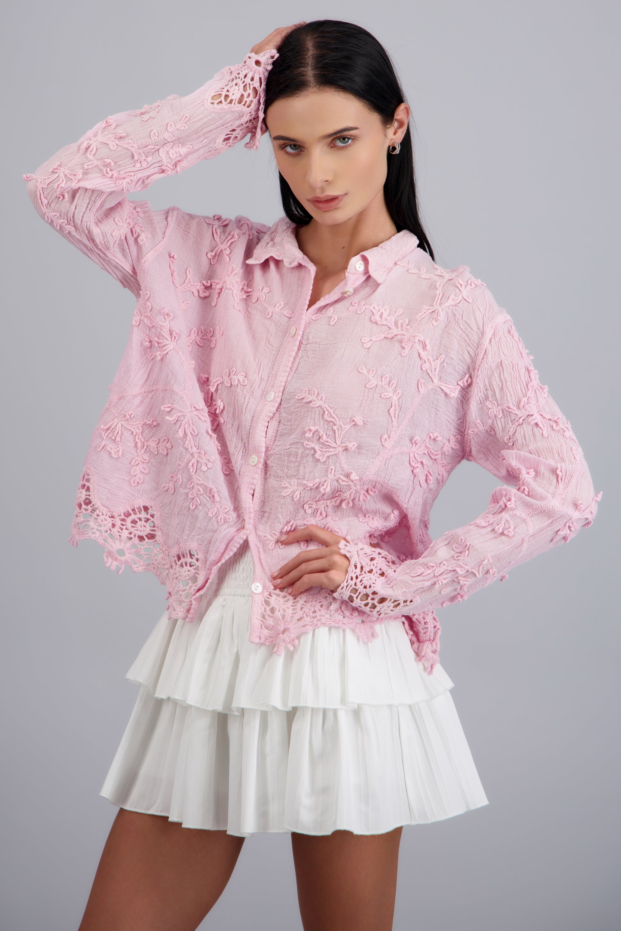 CAMISA TEXTURA M/L DET BORADO ROSA