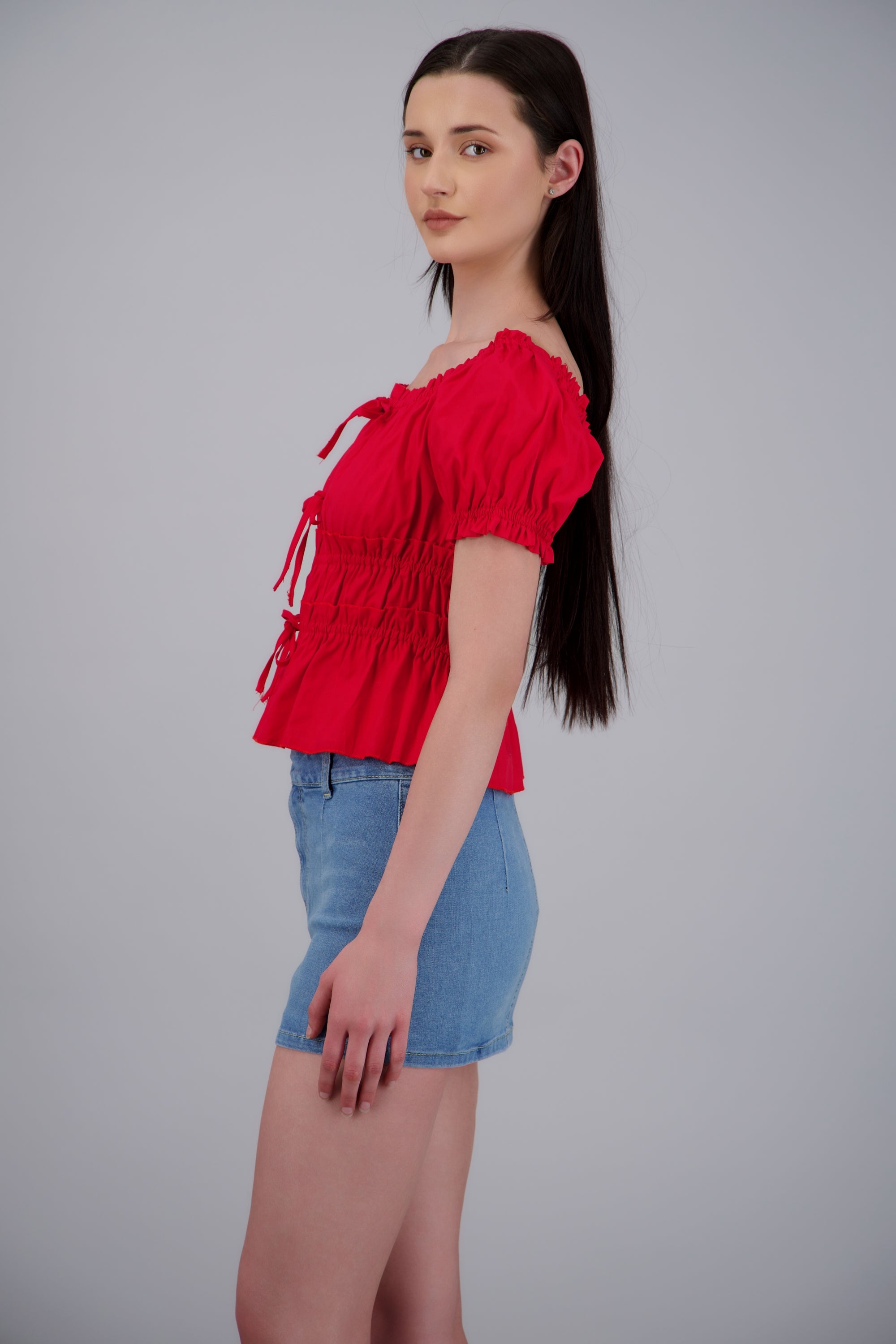 Blusa manga corta detalle resortes ROJO