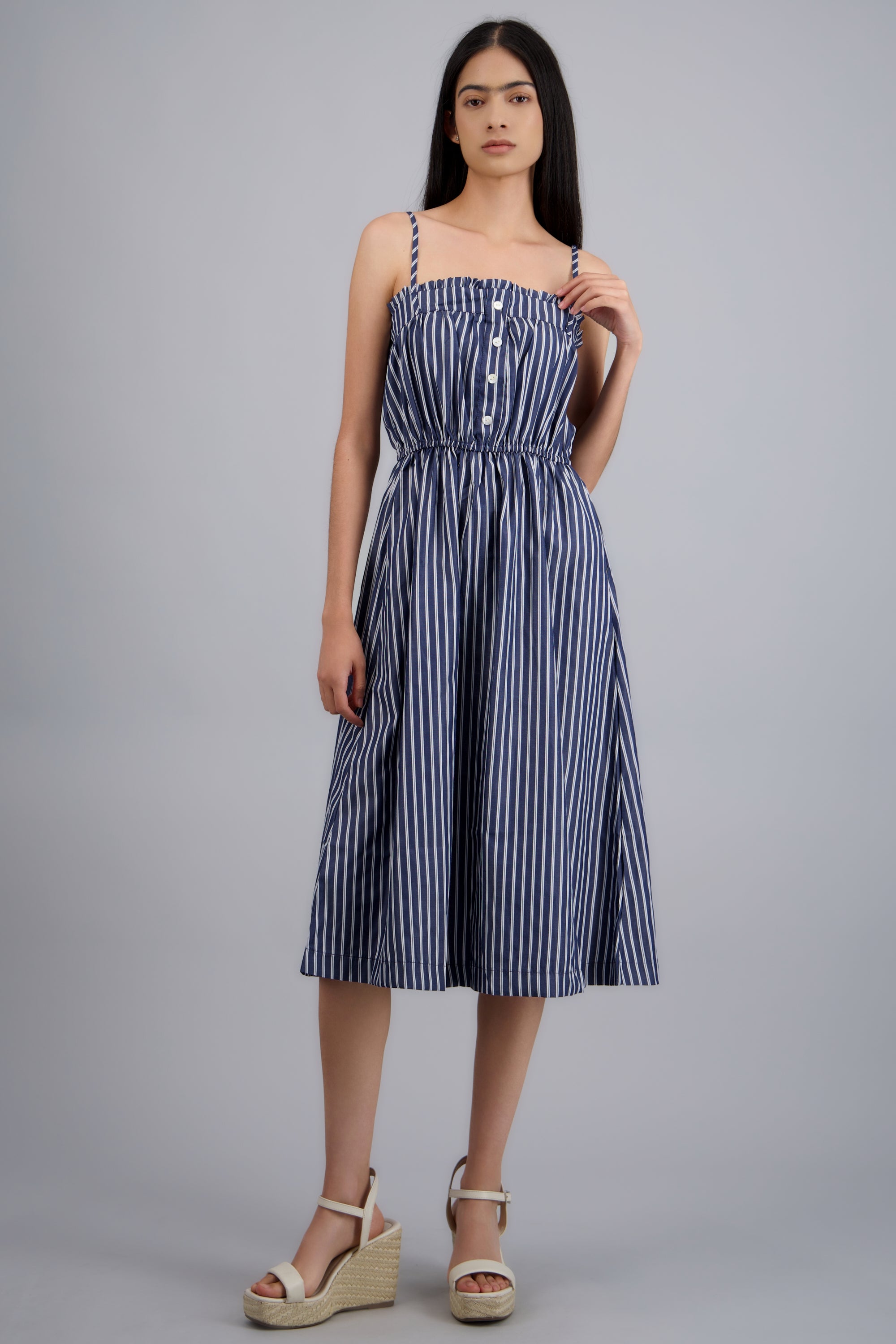 VESTIDO MIDI TIRANTES DET MOÑO RAYAS MARINO COMBO
