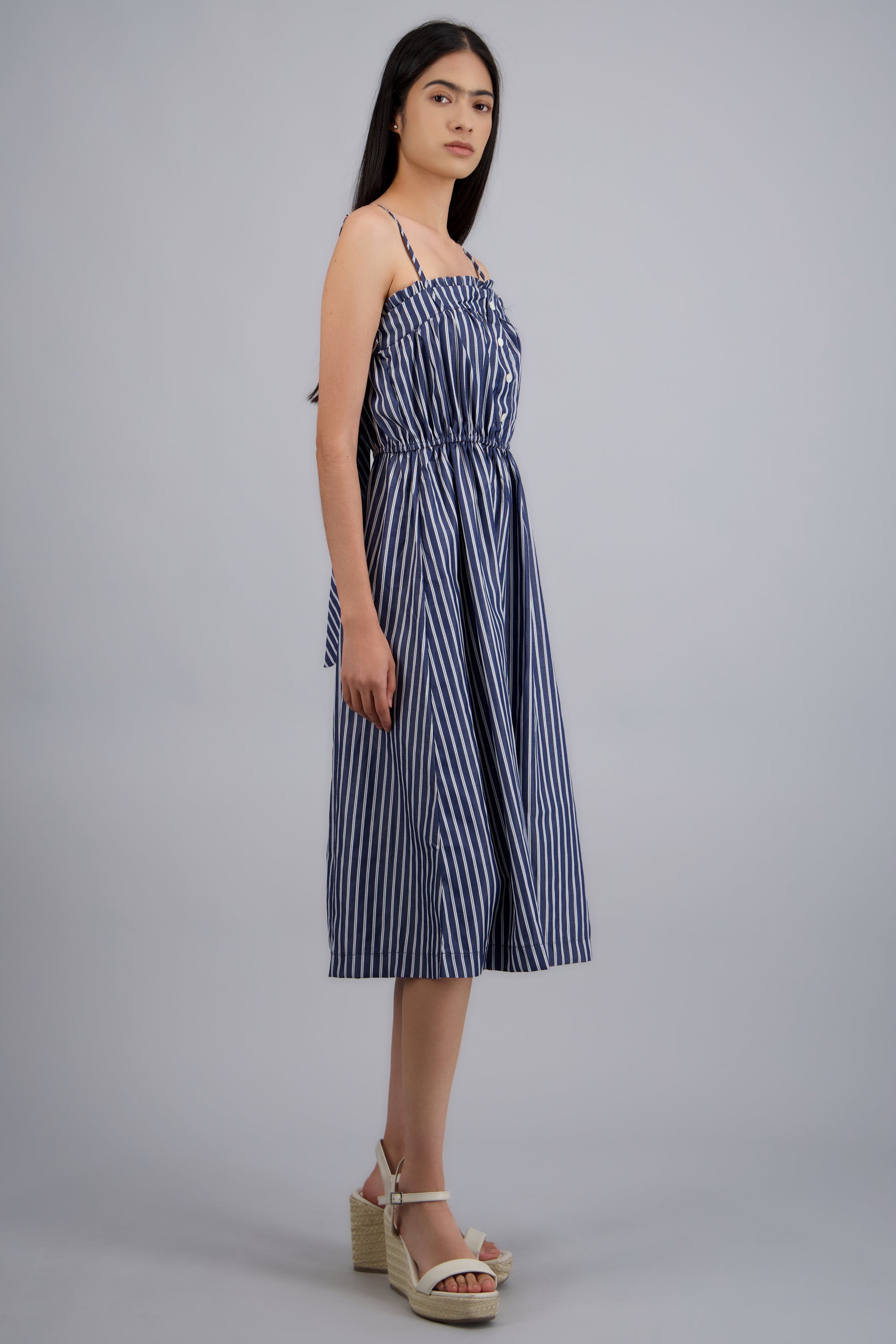 VESTIDO MIDI TIRANTES DET MOÑO RAYAS MARINO COMBO