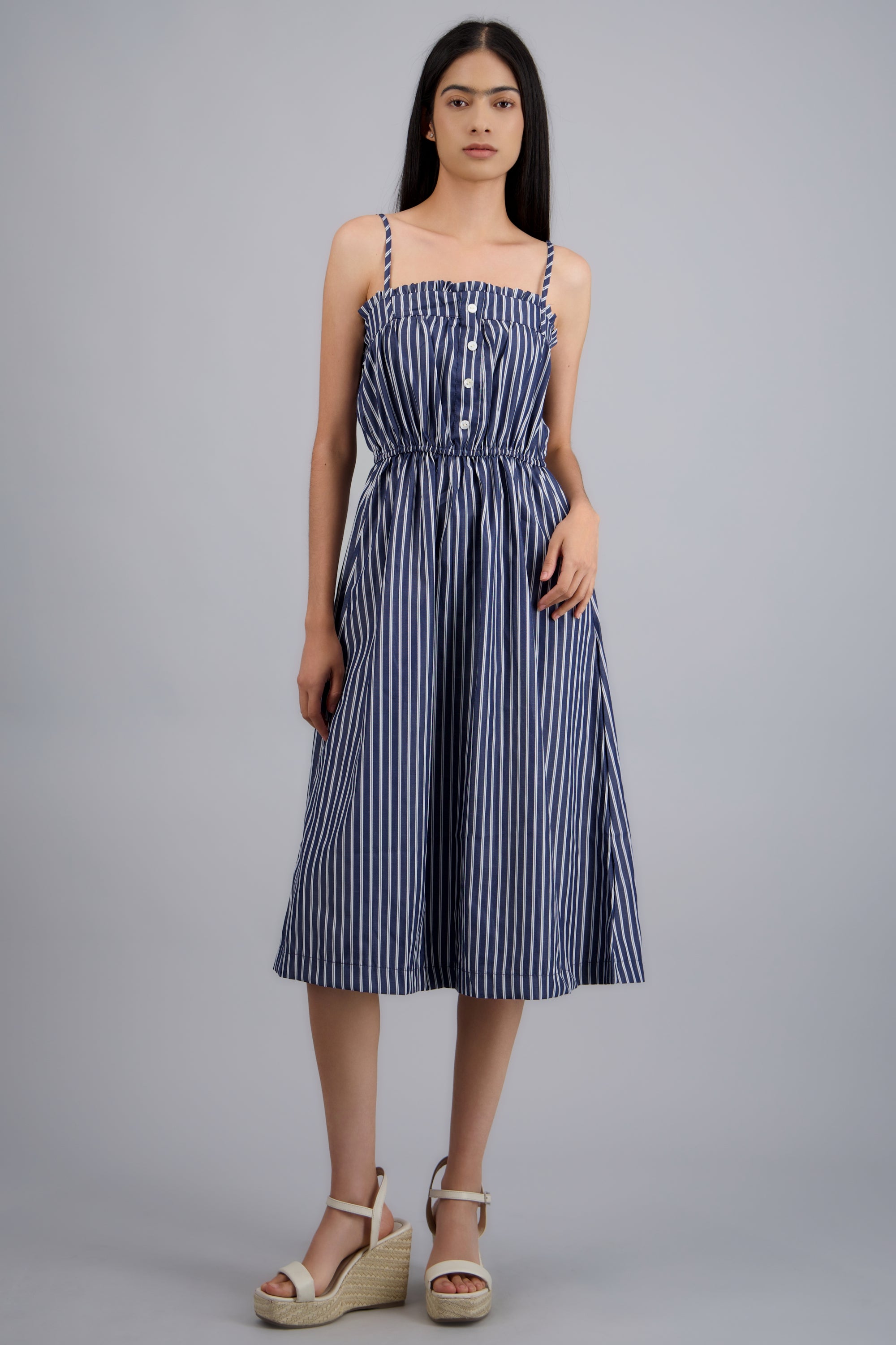 VESTIDO MIDI TIRANTES DET MOÑO RAYAS MARINO COMBO