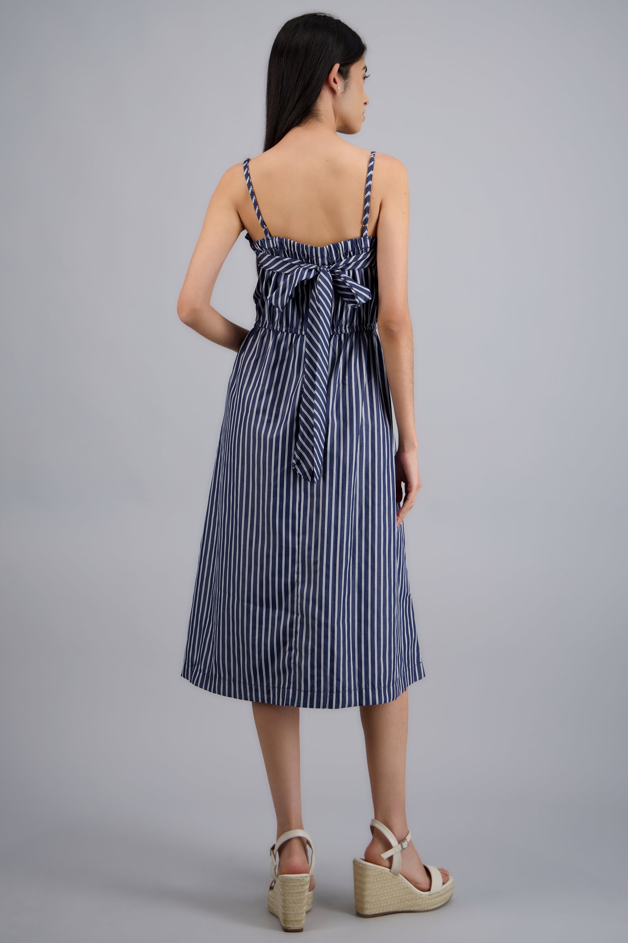 VESTIDO MIDI TIRANTES DET MOÑO RAYAS MARINO COMBO