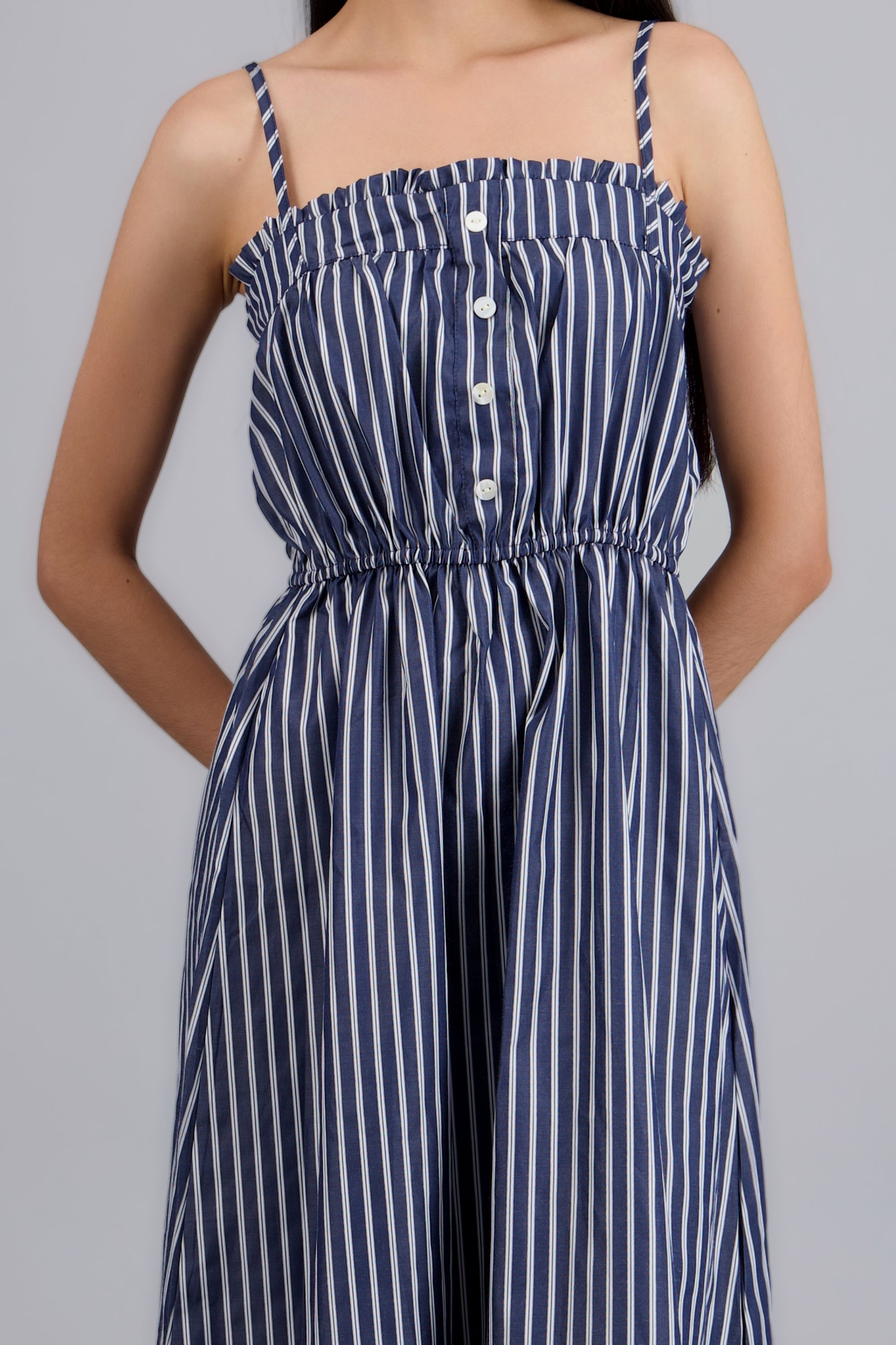 VESTIDO MIDI TIRANTES DET MOÑO RAYAS MARINO COMBO