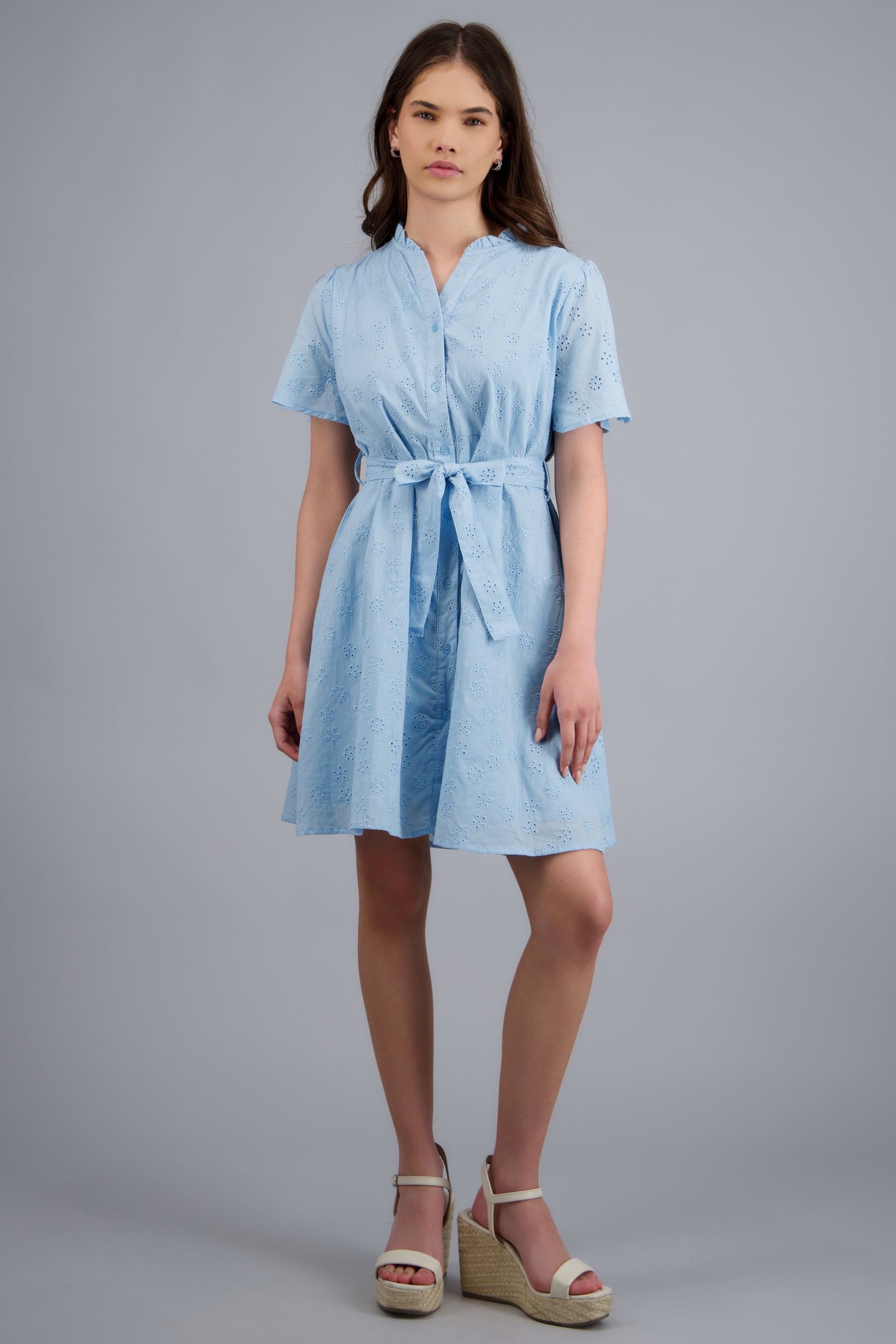 Vestido manga corta detalle cinturon eyelet AZUL