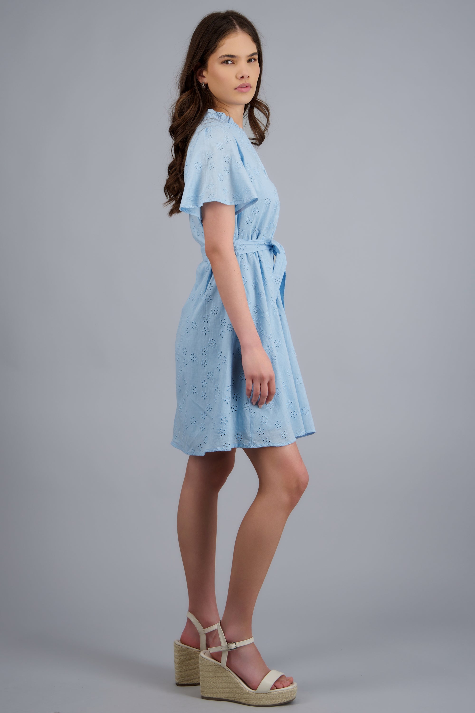 Vestido manga corta detalle cinturon eyelet AZUL