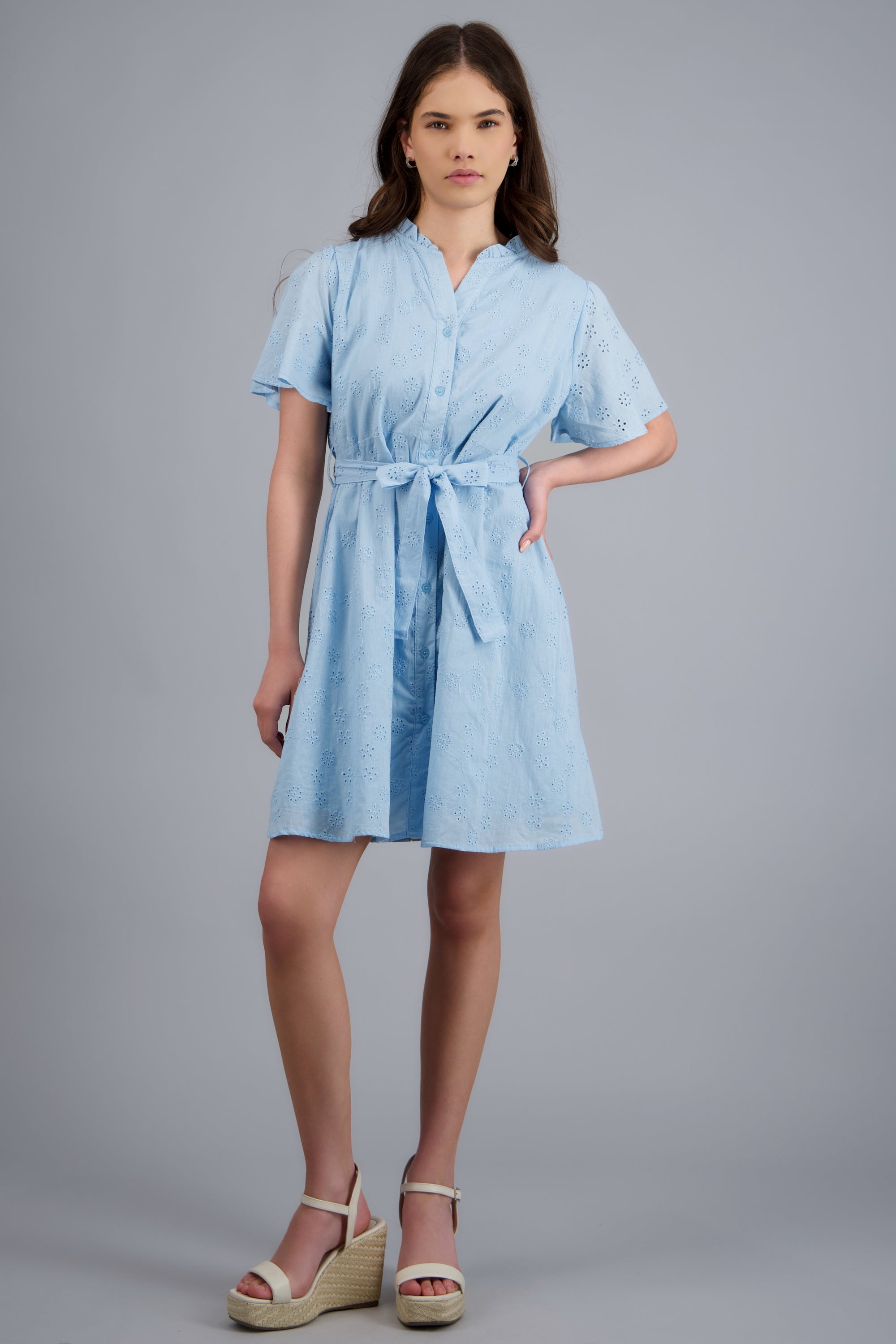 Vestido manga corta detalle cinturon eyelet AZUL
