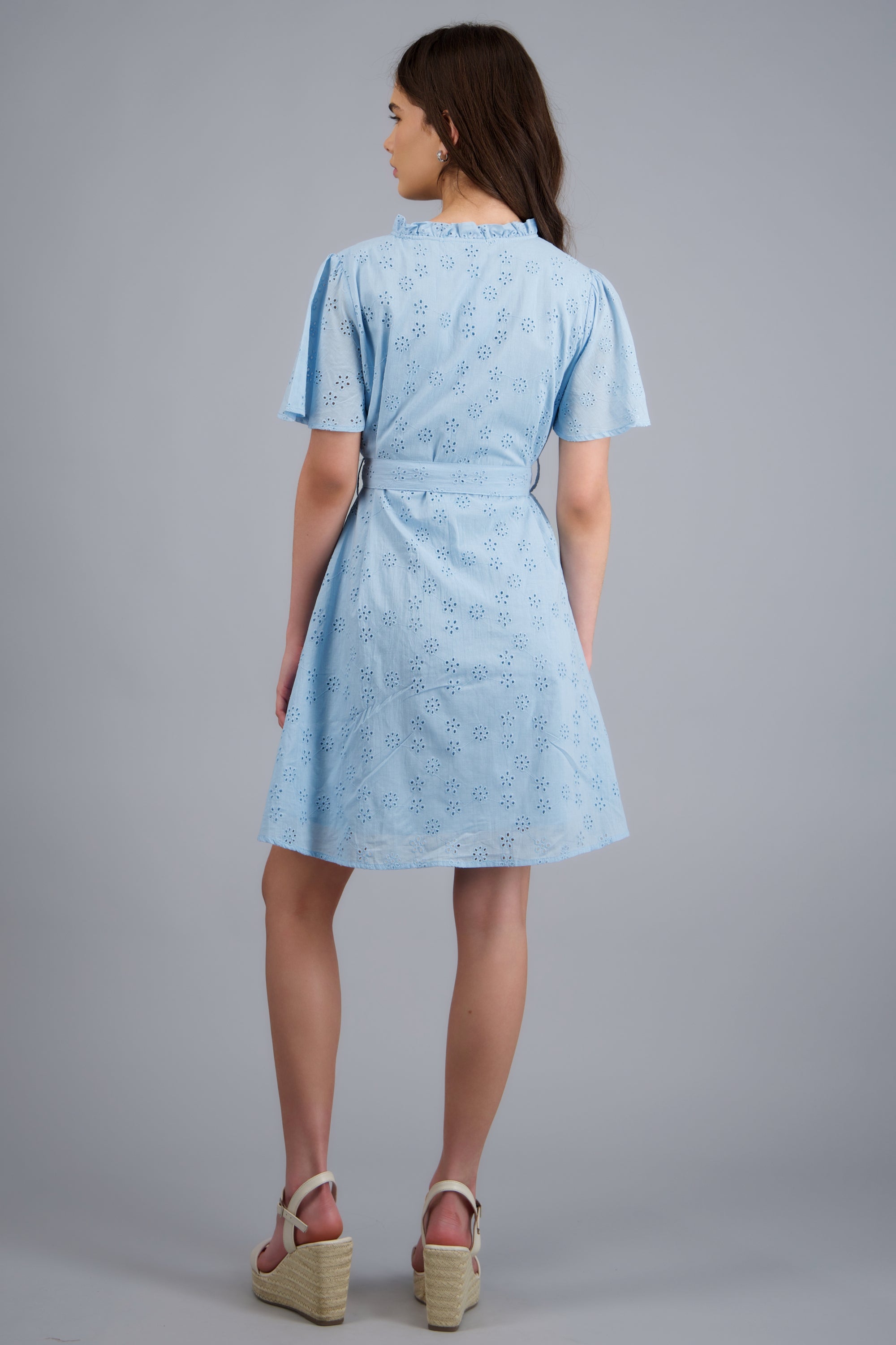 Vestido manga corta detalle cinturon eyelet AZUL