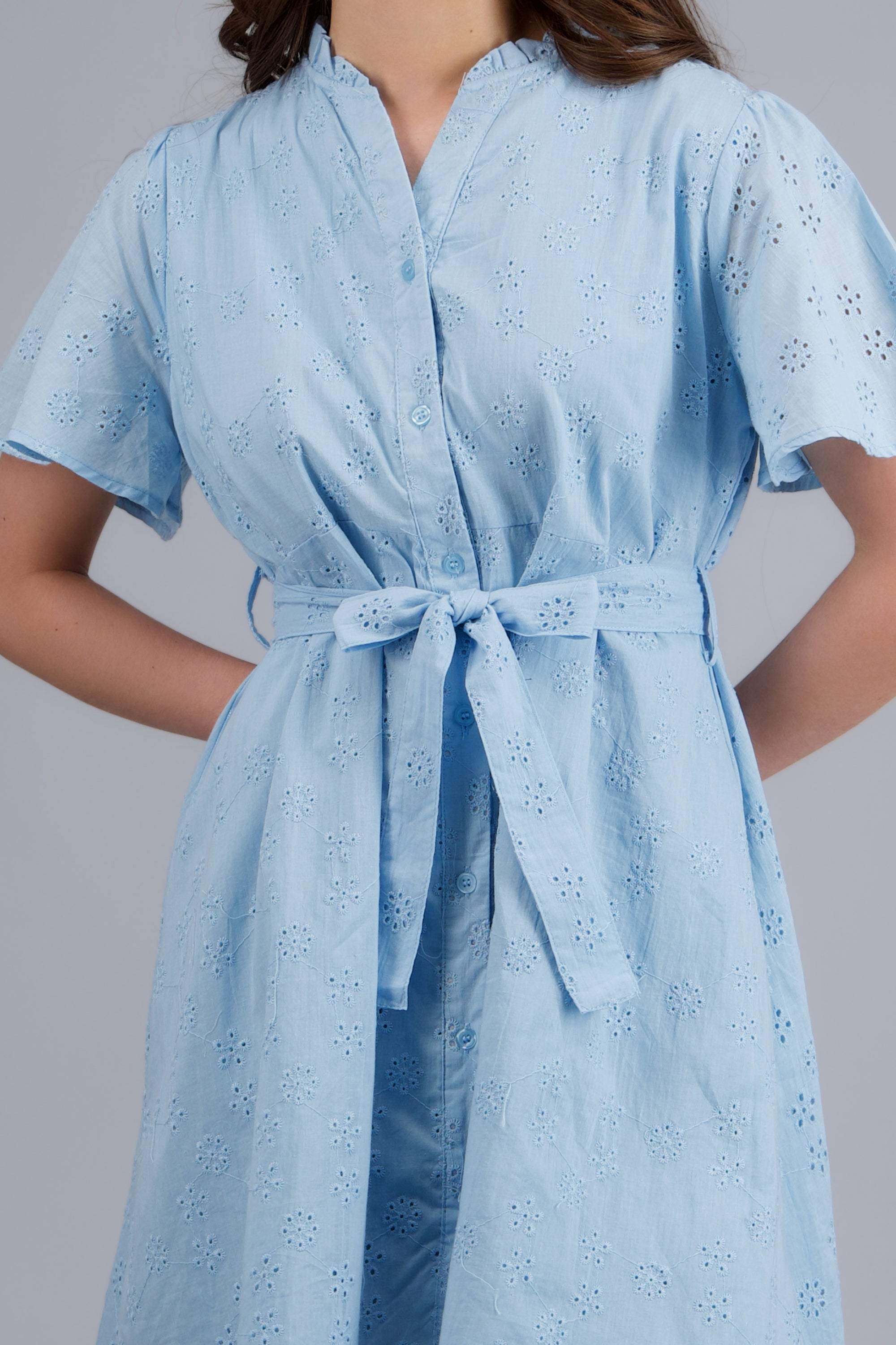 Vestido manga corta detalle cinturon eyelet AZUL