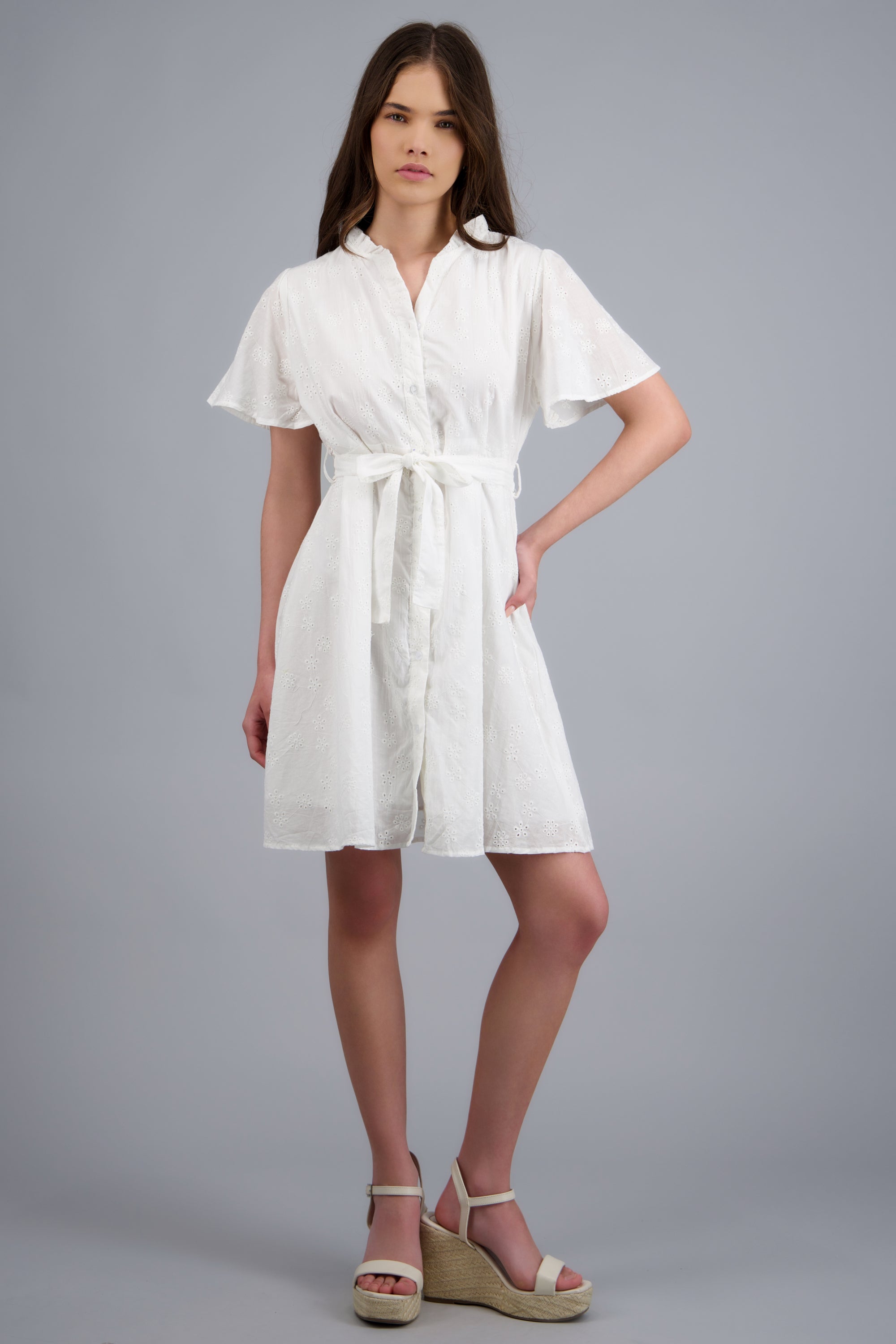 Vestido manga corta detalle cinturon eyelet BLANCO