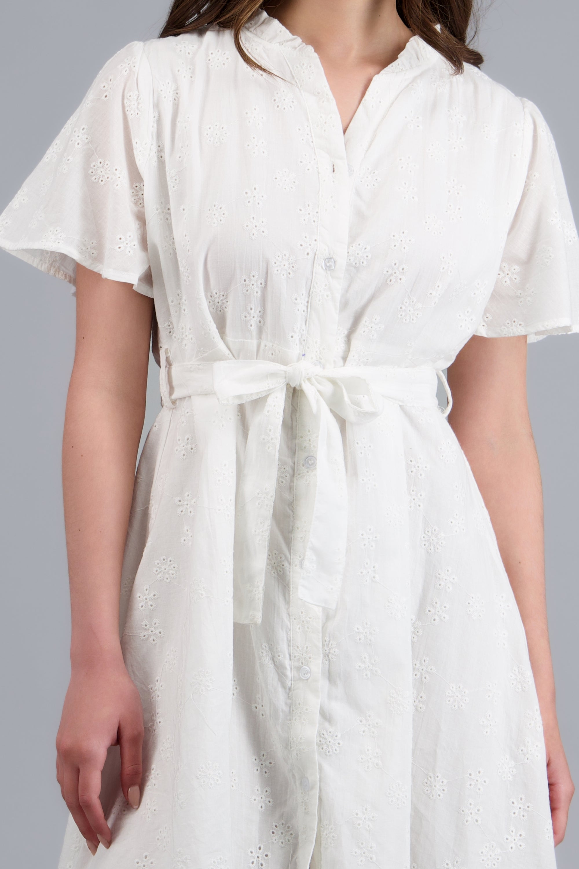 Vestido manga corta detalle cinturon eyelet BLANCO