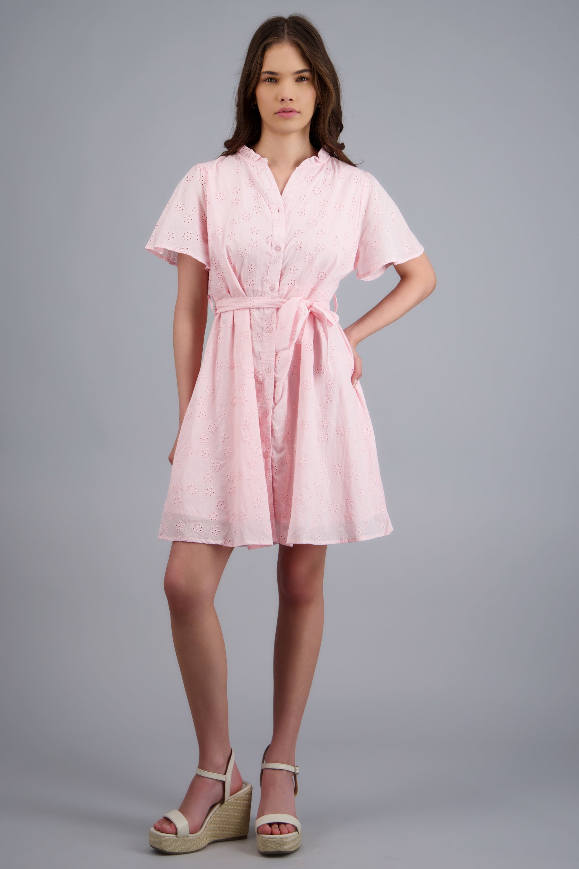 Vestido manga corta detalle cinturon eyelet ROSA