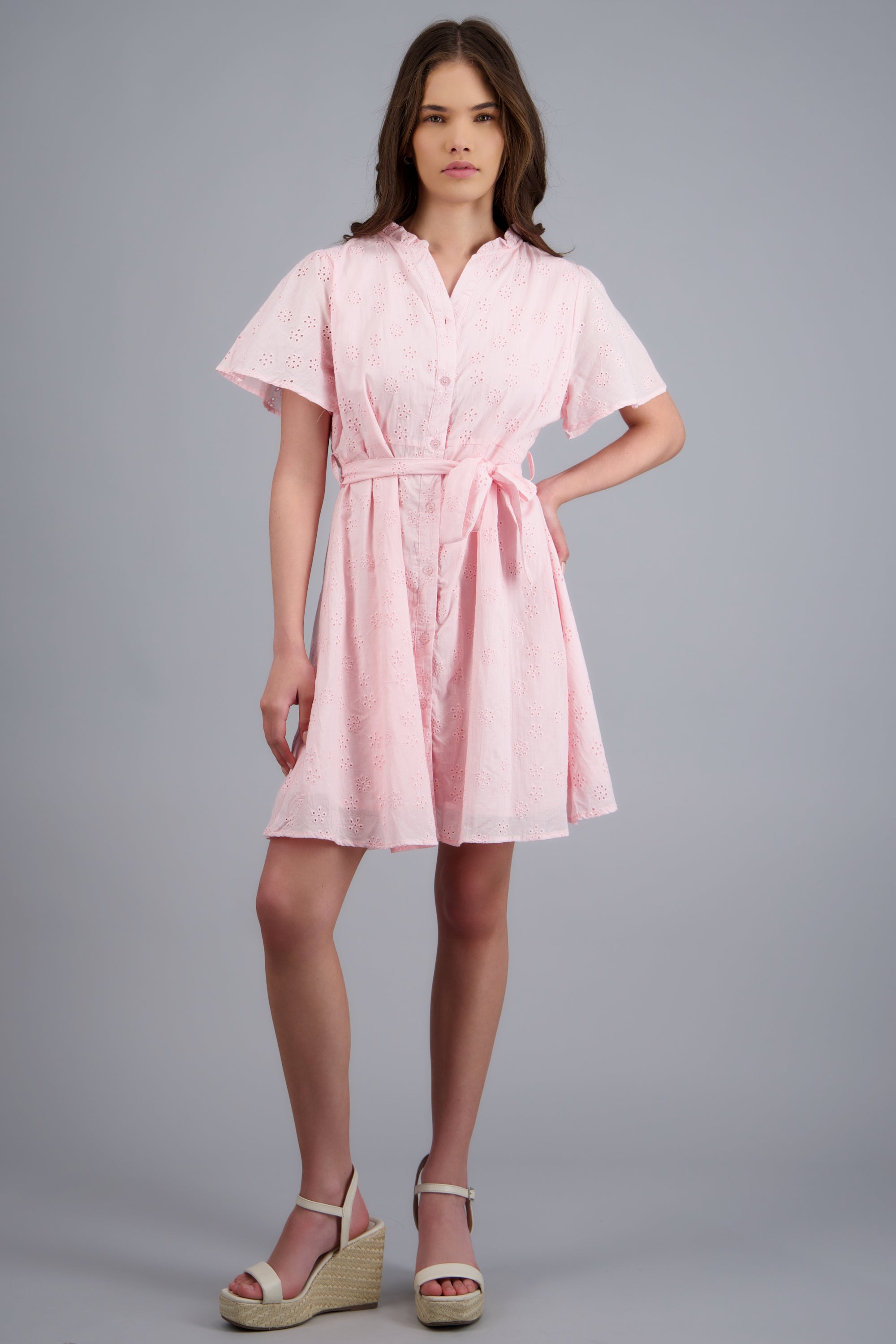 Vestido manga corta detalle cinturon eyelet ROSA