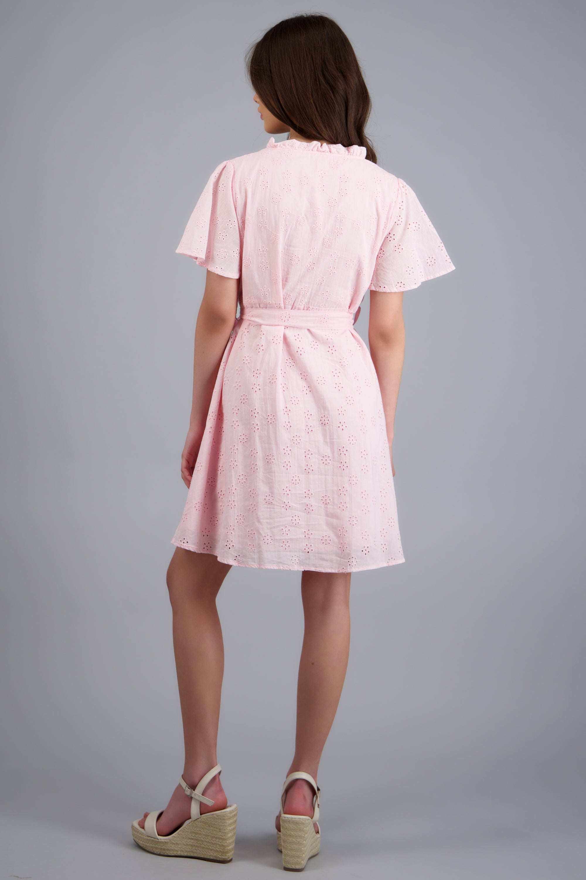 Vestido manga corta detalle cinturon eyelet ROSA