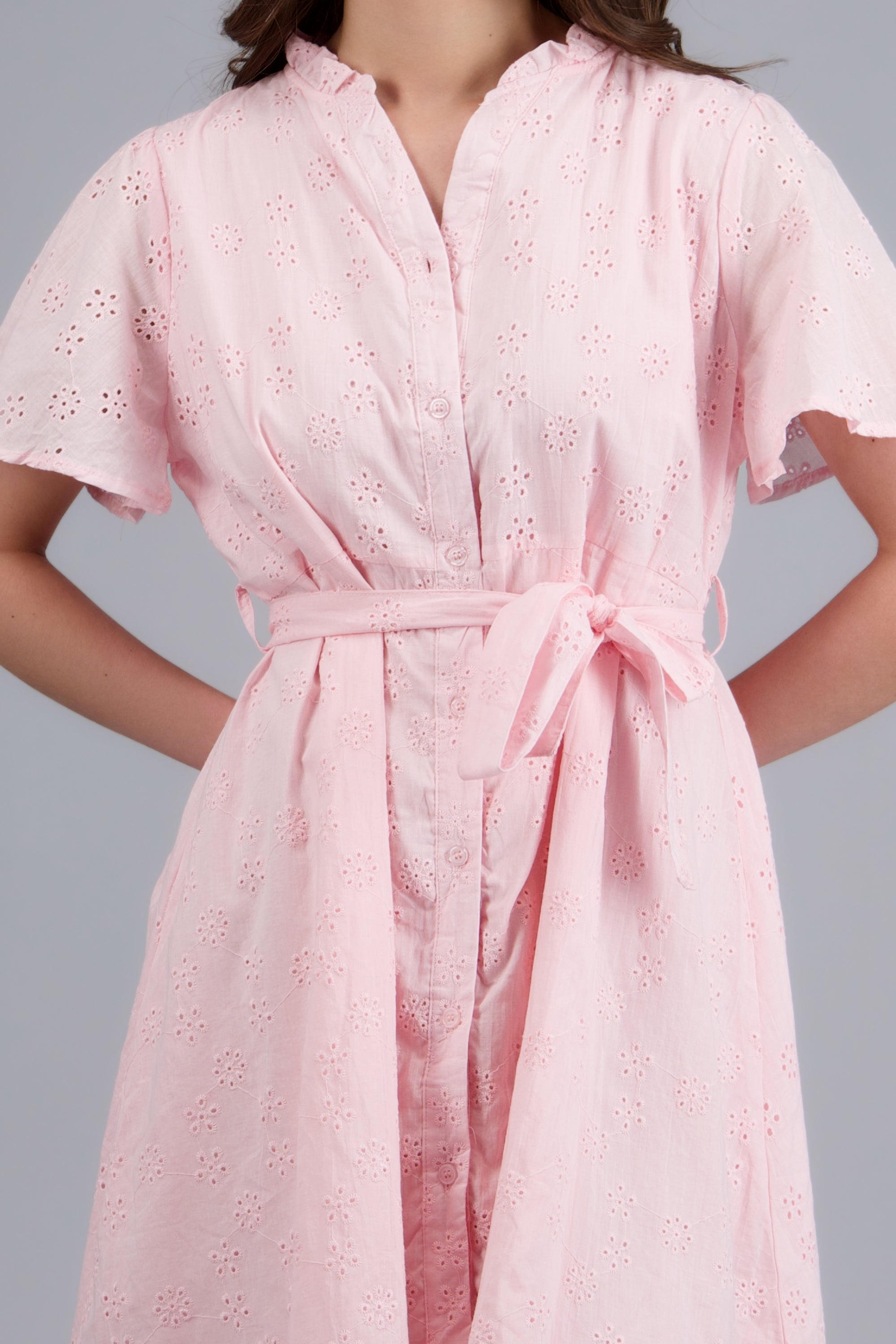 Vestido manga corta detalle cinturon eyelet ROSA