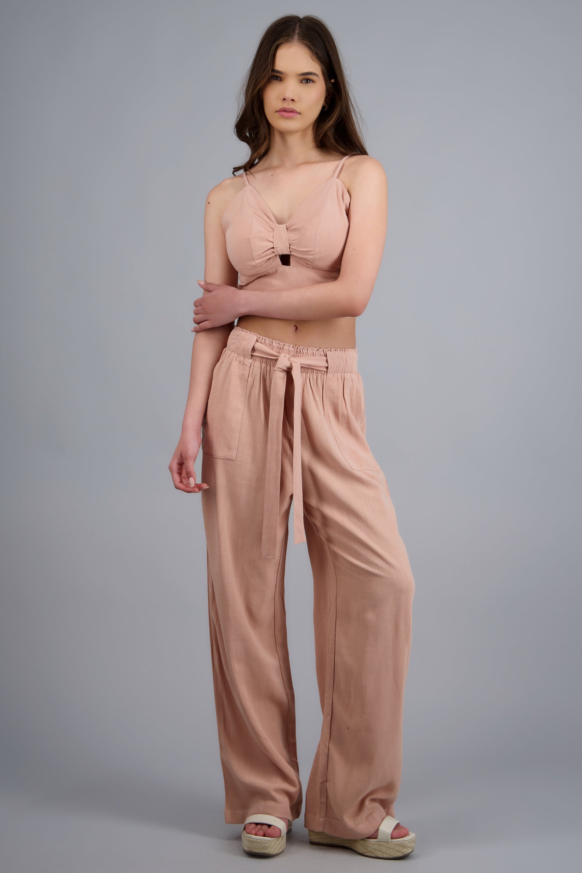 Pantalon lino detalle cinturon ROSA