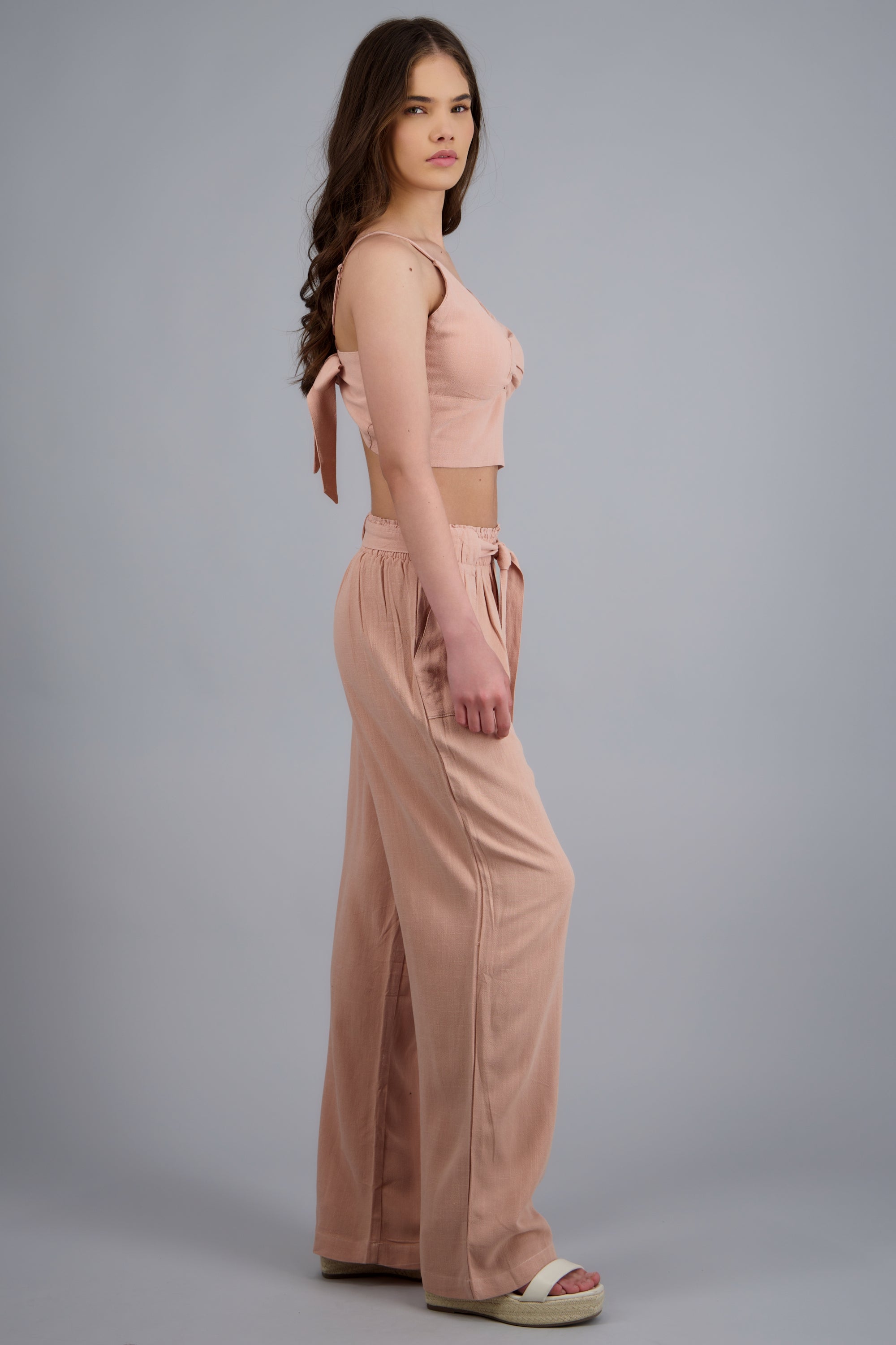 Pantalon lino detalle cinturon ROSA