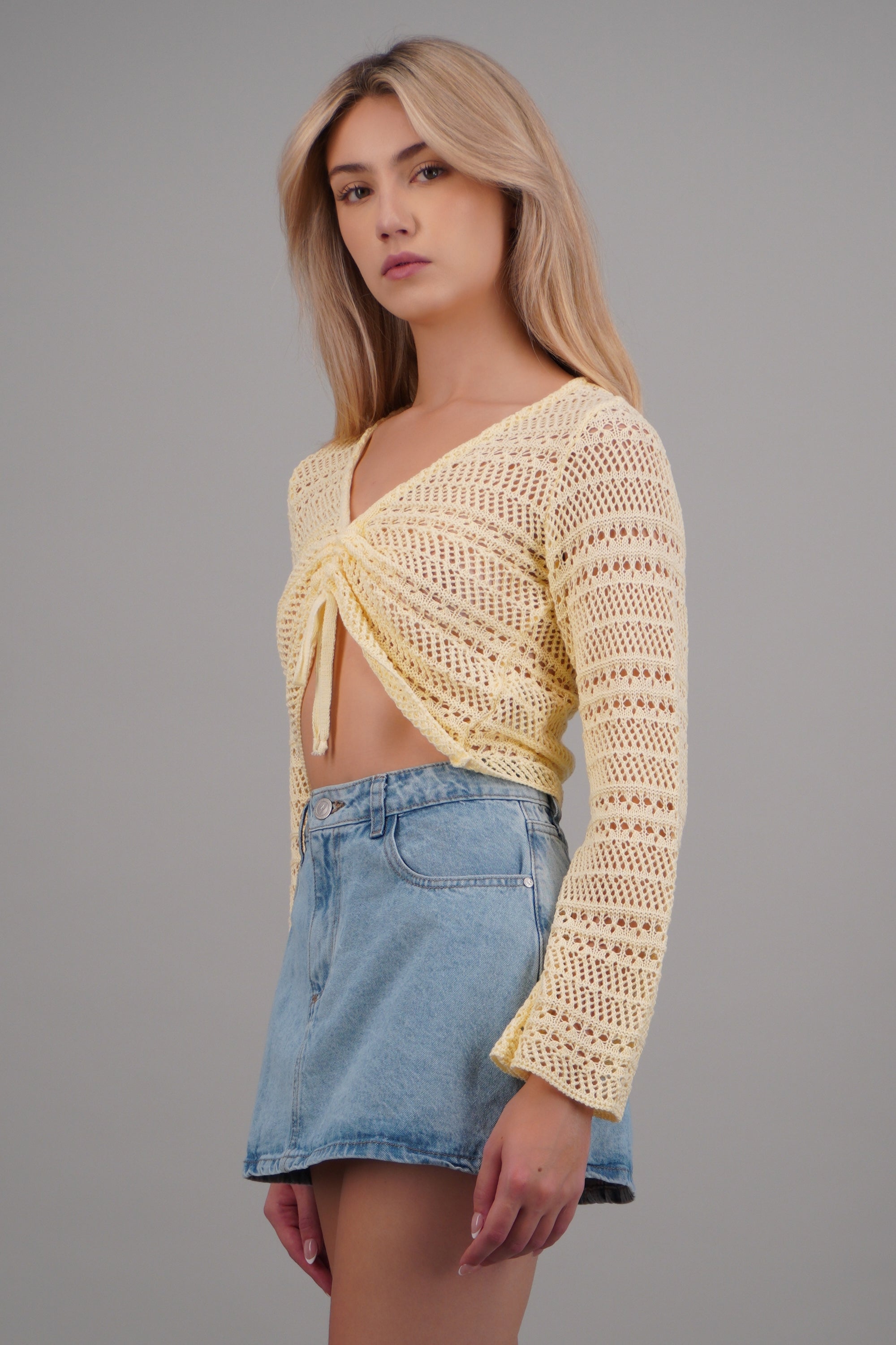 Cardigan calado detalle jareta AMARILLO PASTEL