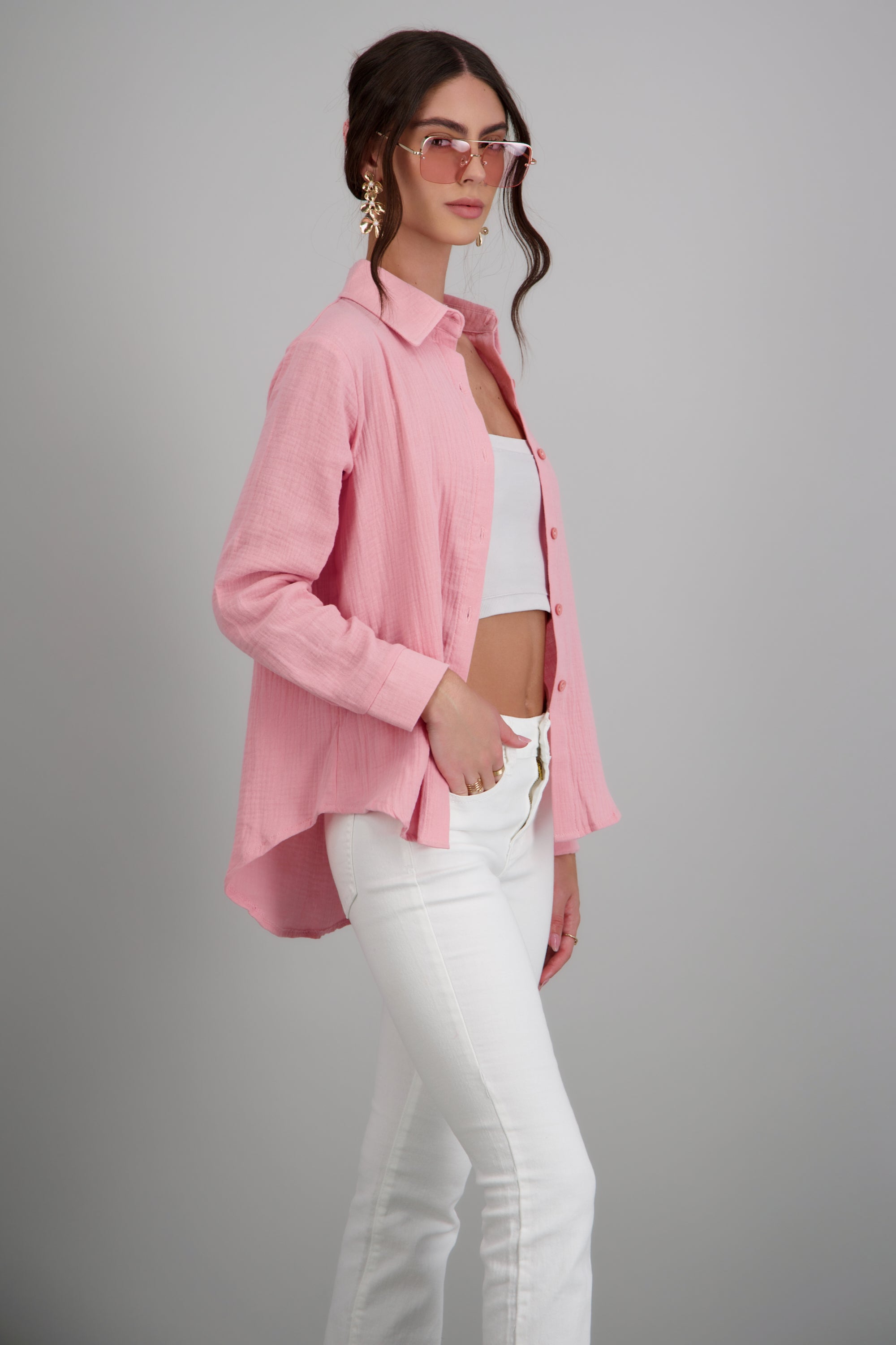 Camisa oversize detalle textura ROSA PASTEL