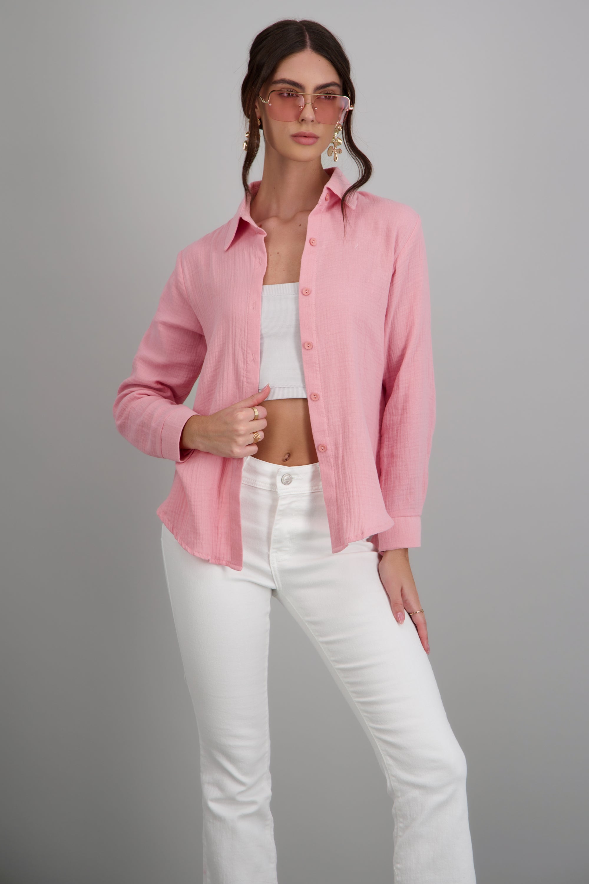 Camisa oversize detalle textura ROSA PASTEL