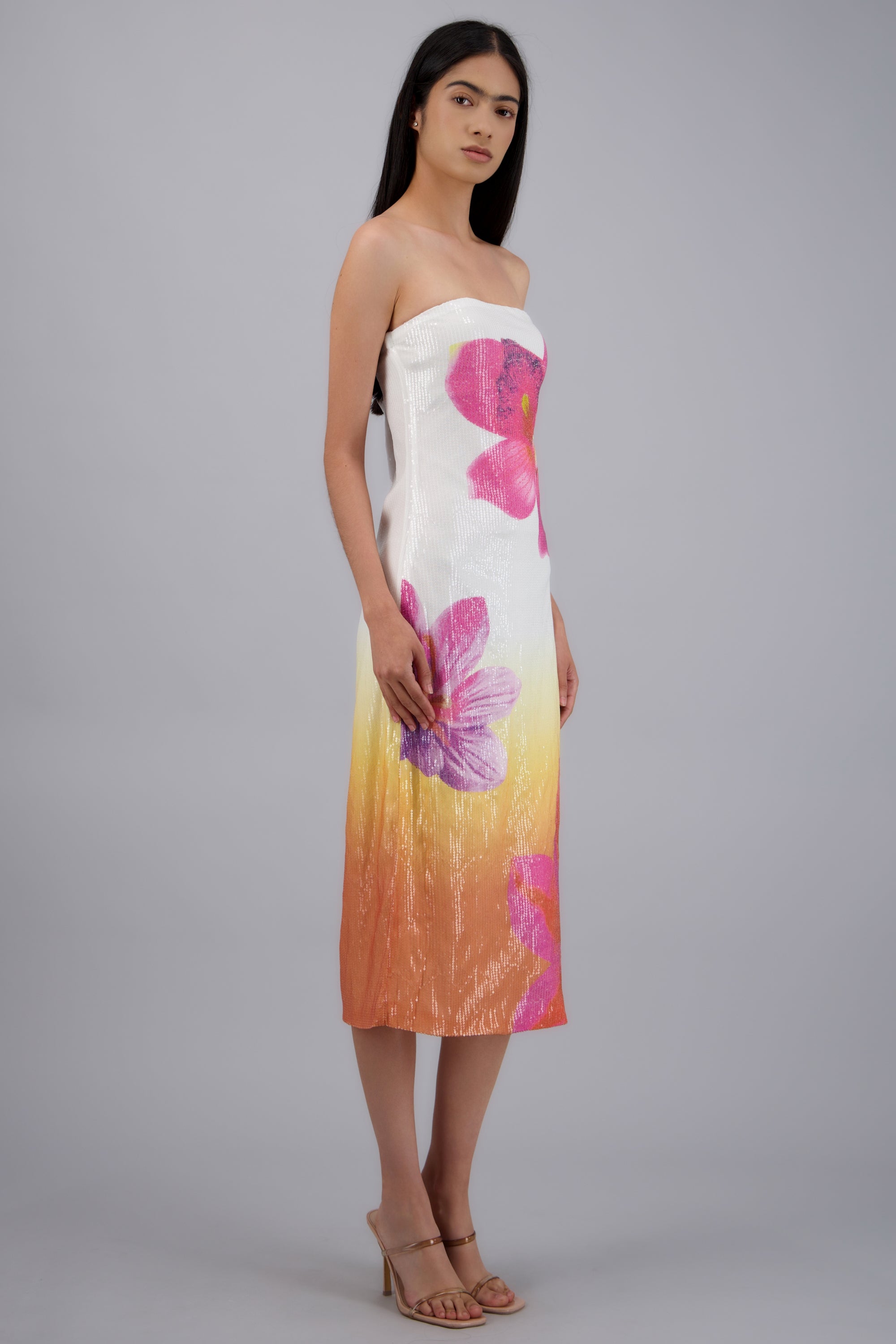 Vestido strapples flores detalle brillos AMARILLO COMBO
