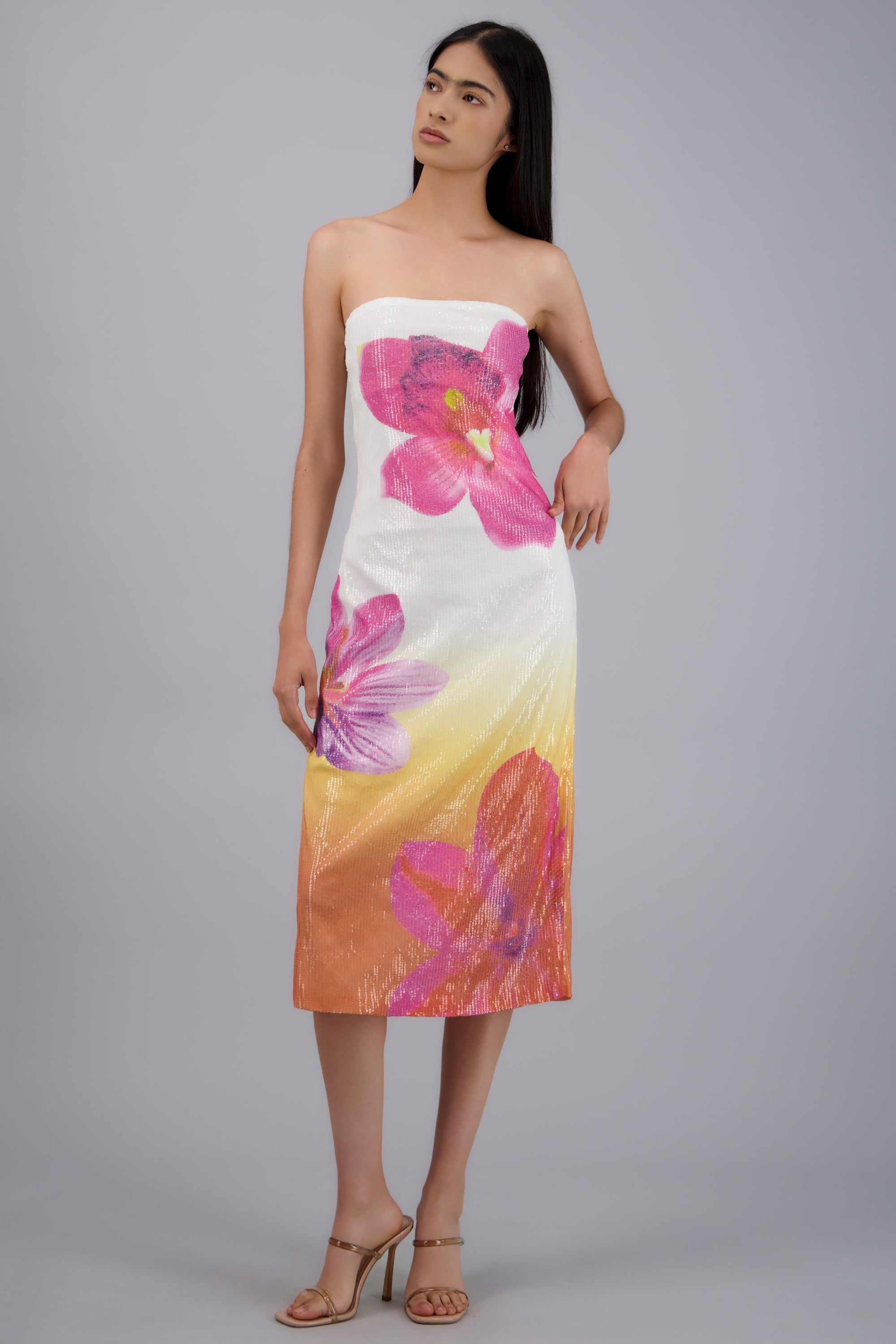Vestido strapples flores detalle brillos AMARILLO COMBO