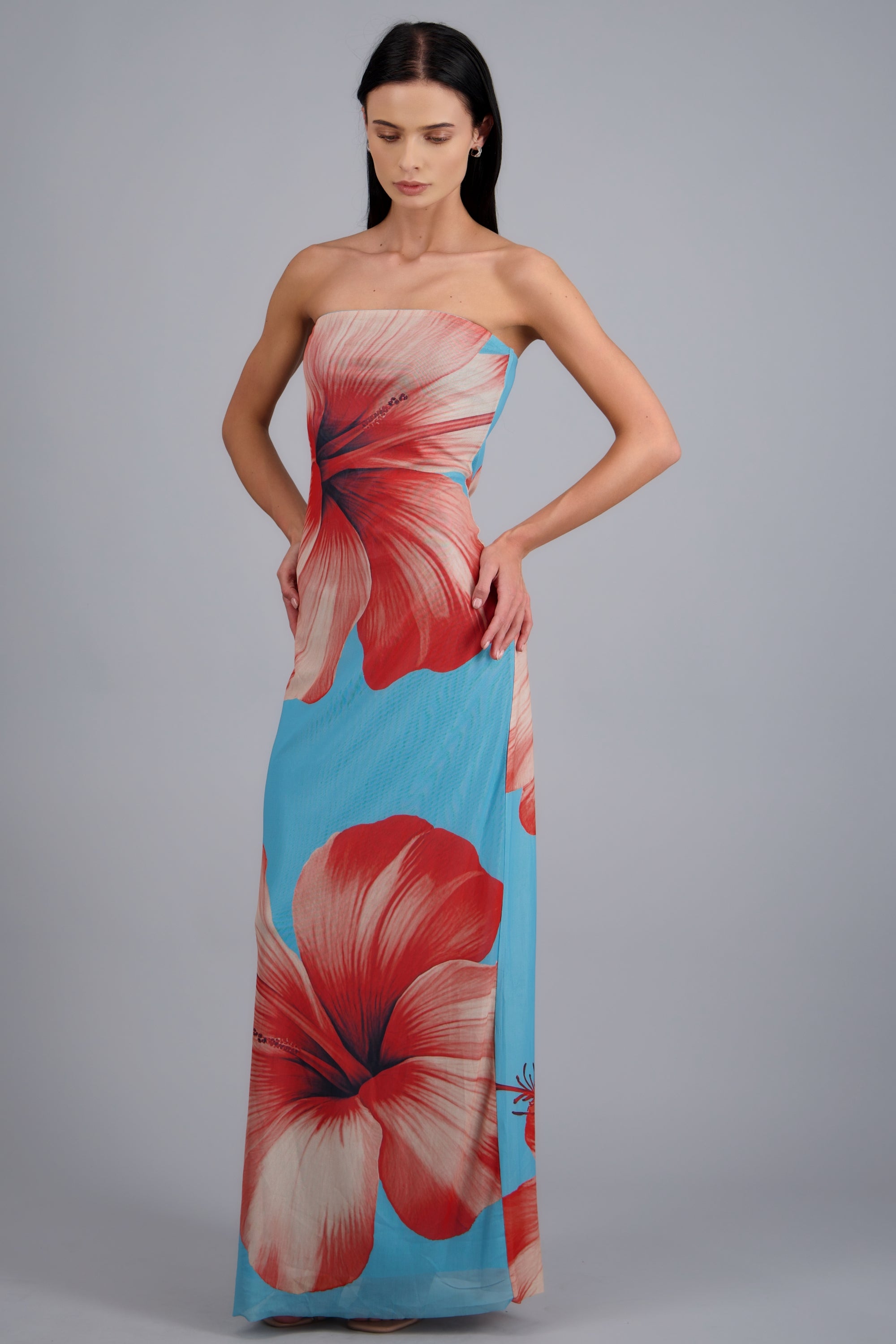 Vestido maxi strapples mesh flores AZUL COMBO