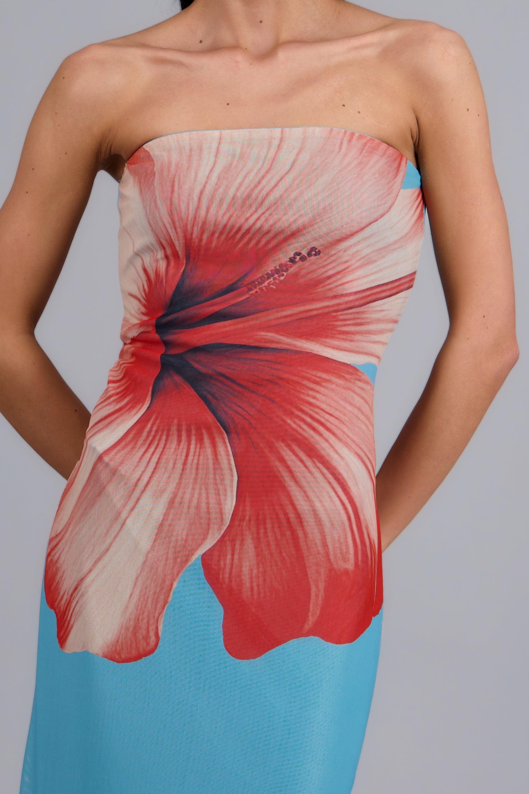 Vestido maxi strapples mesh flores AZUL COMBO