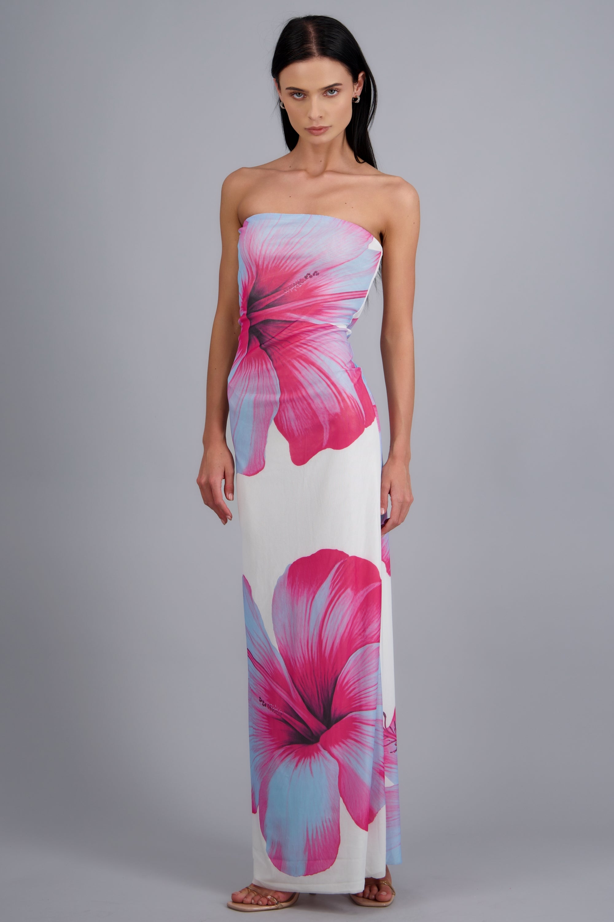 Vestido maxi strapples mesh flores FIUSHA COMBO