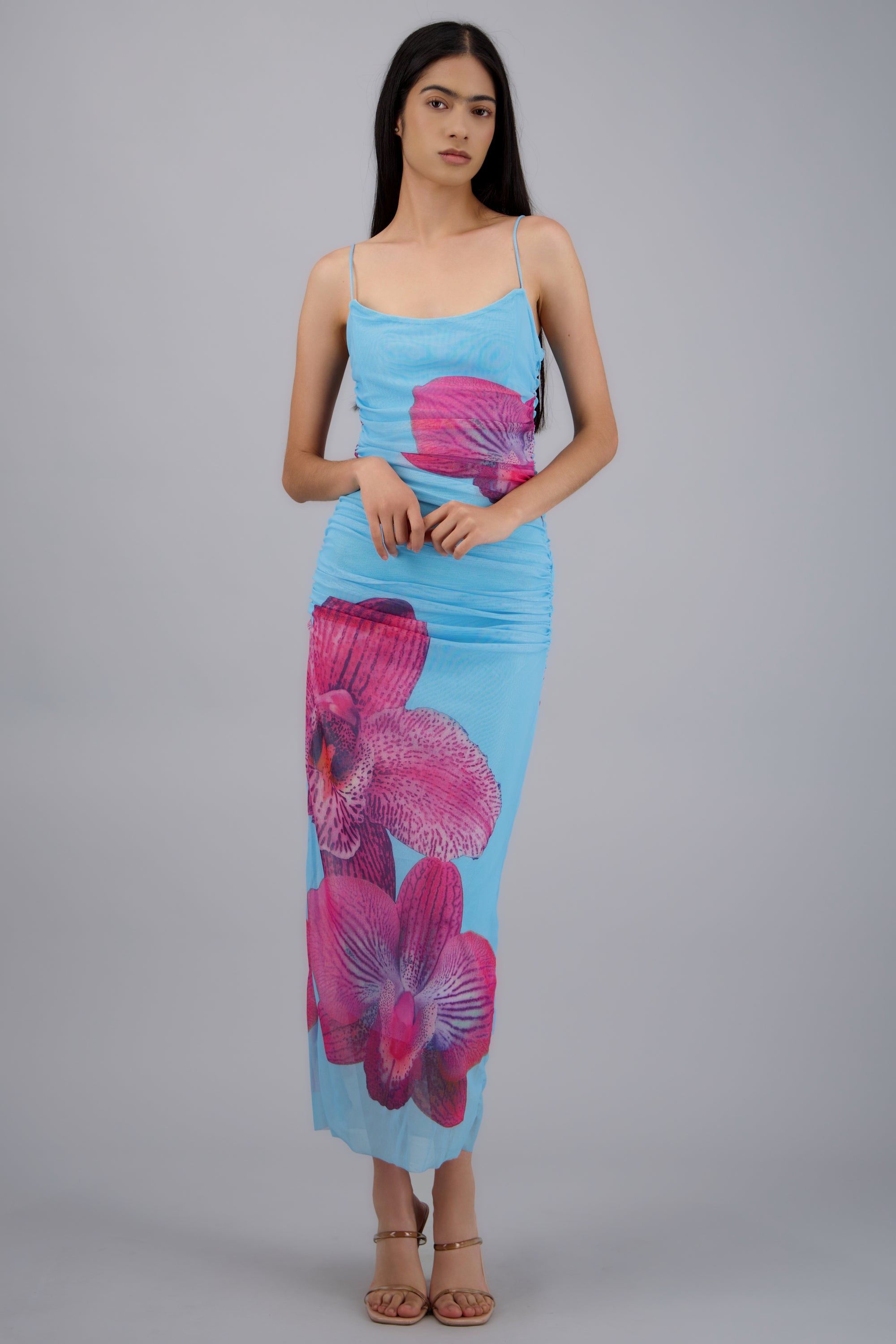 Vestido maxi tirantes drapeado flores AZUL