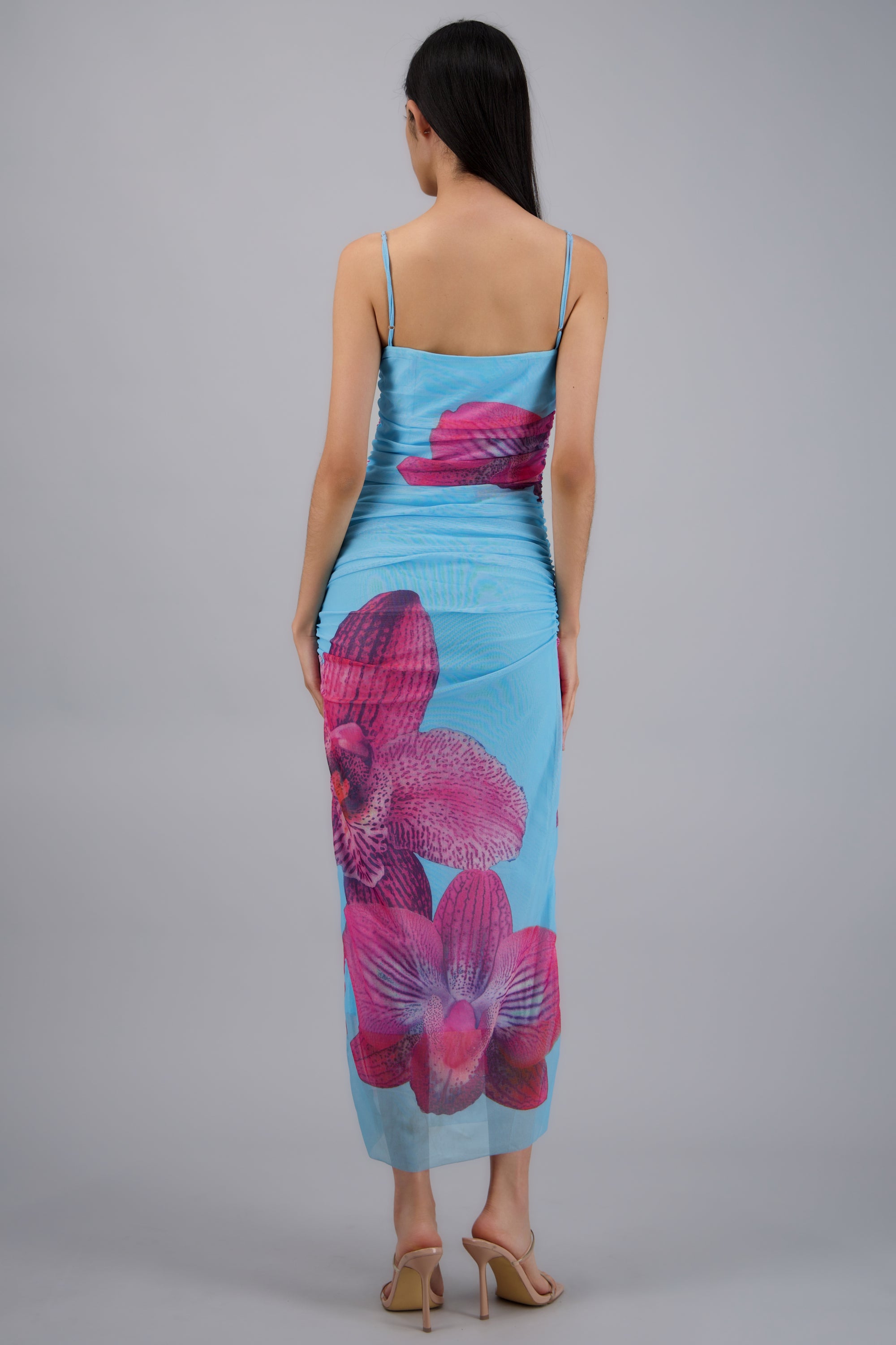 Vestido maxi tirantes drapeado flores AZUL