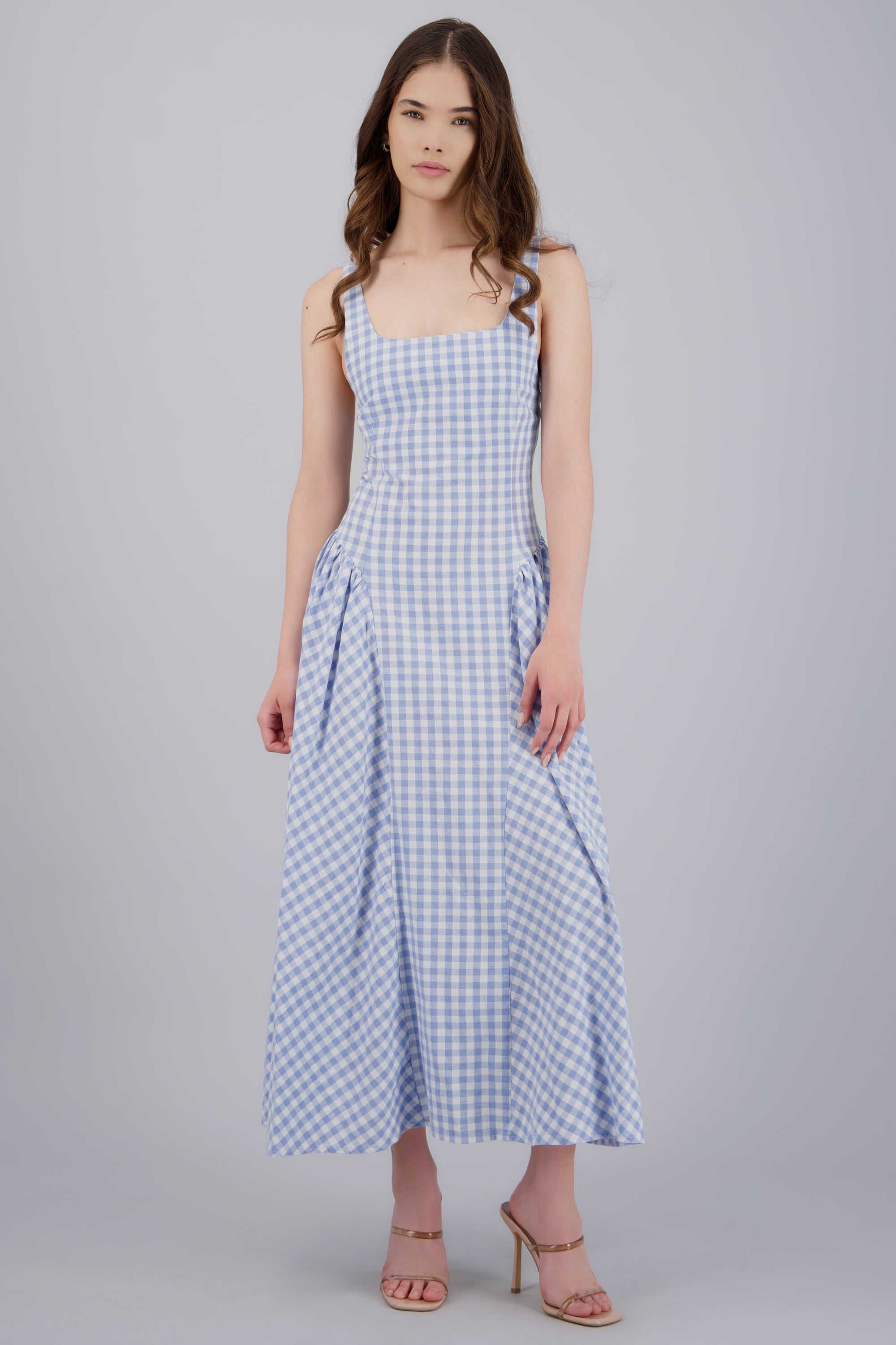 Vestido midi con tirantes gingham AZUL