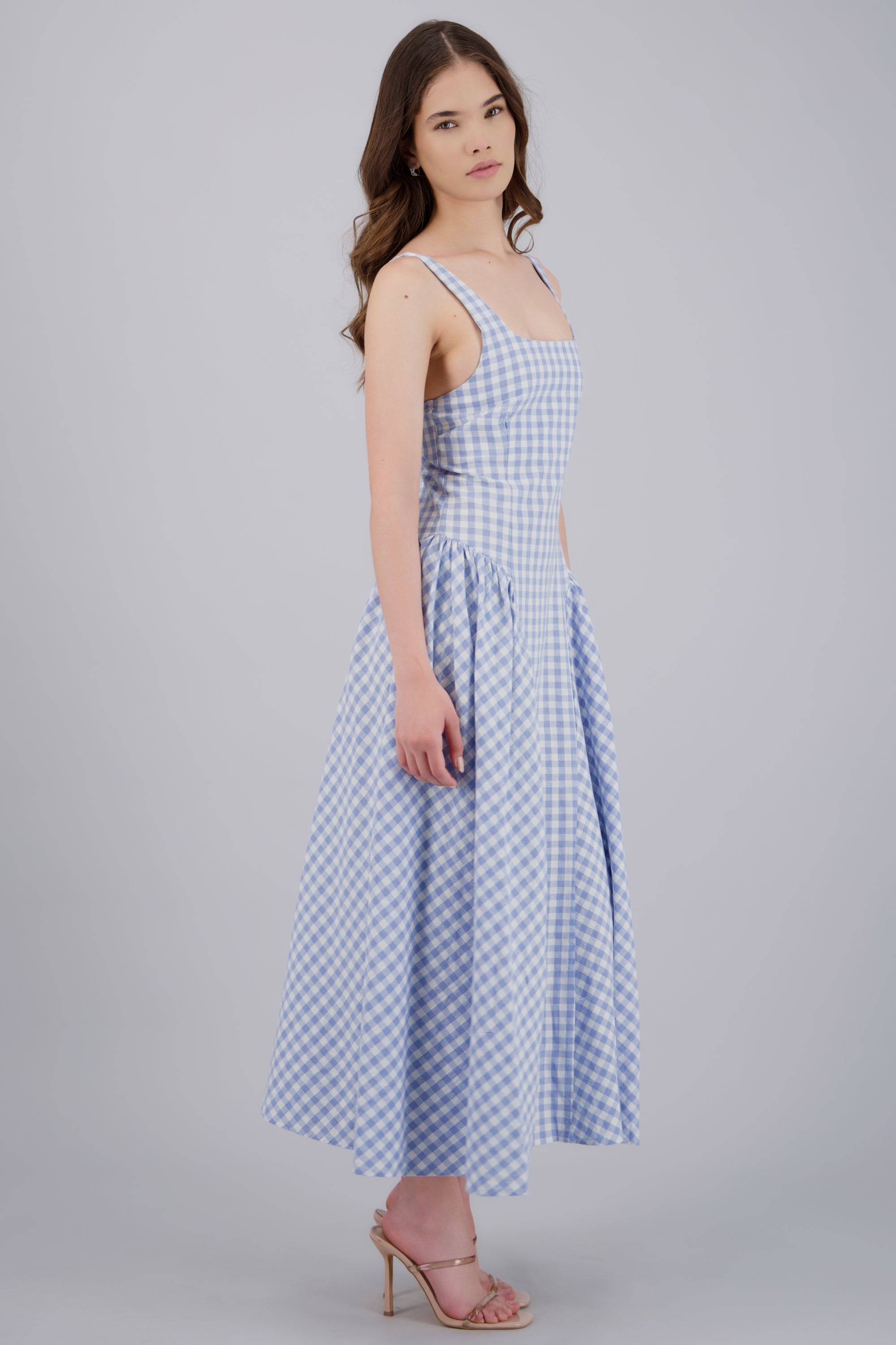 Vestido midi con tirantes gingham AZUL